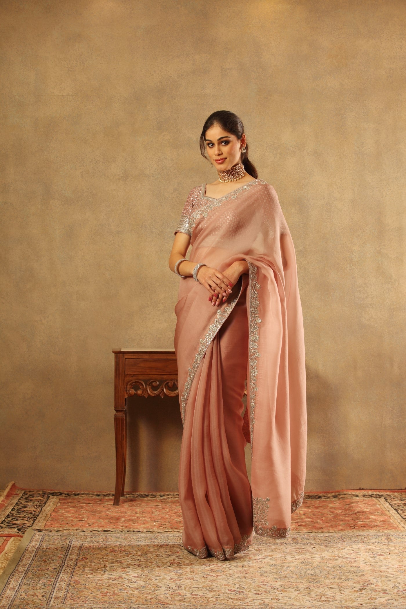 Hand Embroidered Dusty Pastel Pink Pure Silk Organza Saree Blouse Set