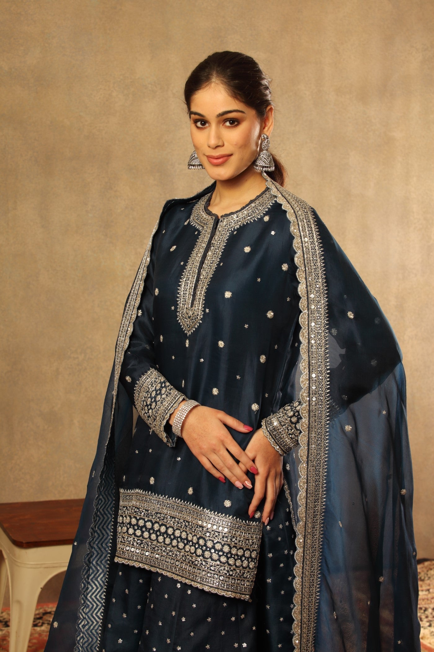 Hand Embroidered Moroccon Blue Pure Silk Organza Short Kurta Sharara Set