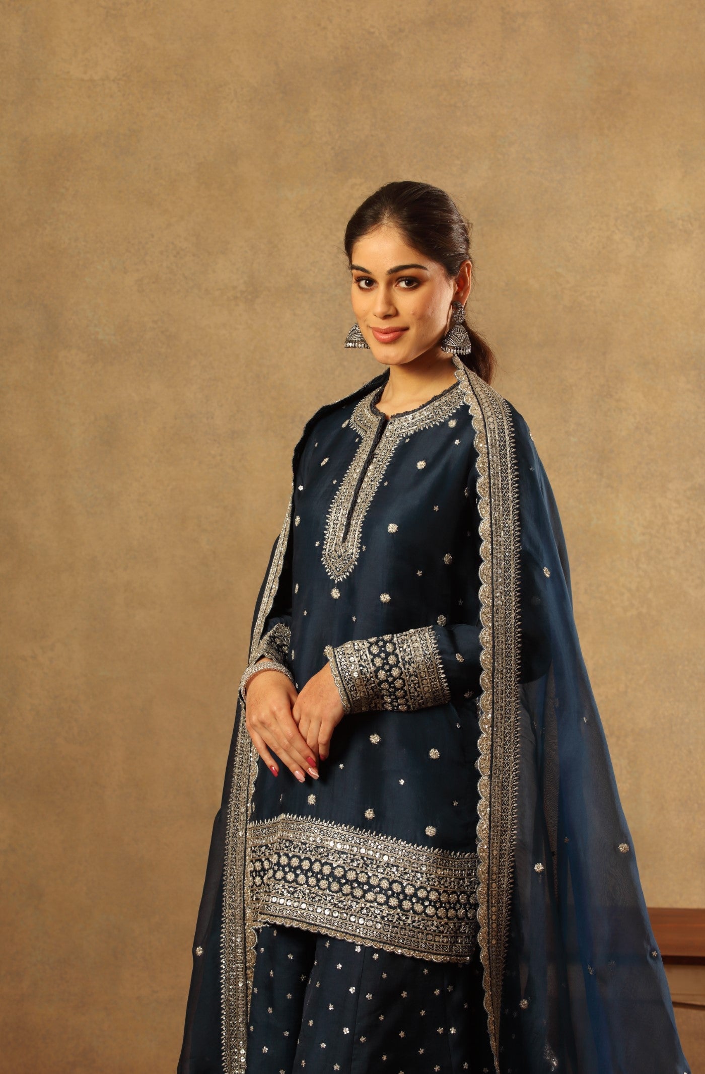 Hand Embroidered Moroccon Blue Pure Silk Organza Short Kurta Sharara Set