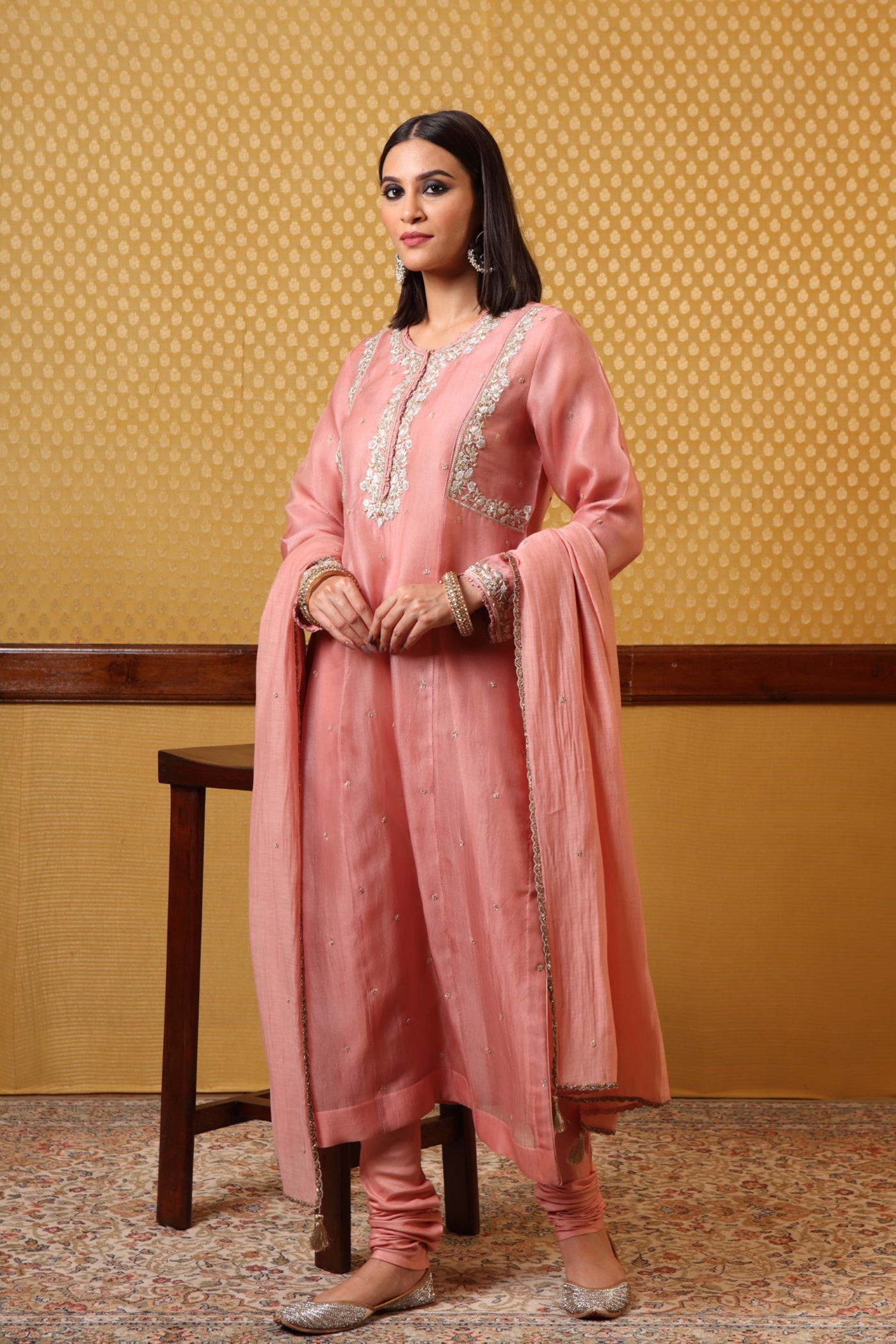 Hand Embroidered Soft Coral Pure Silkorganza Kurtachuridaar Set