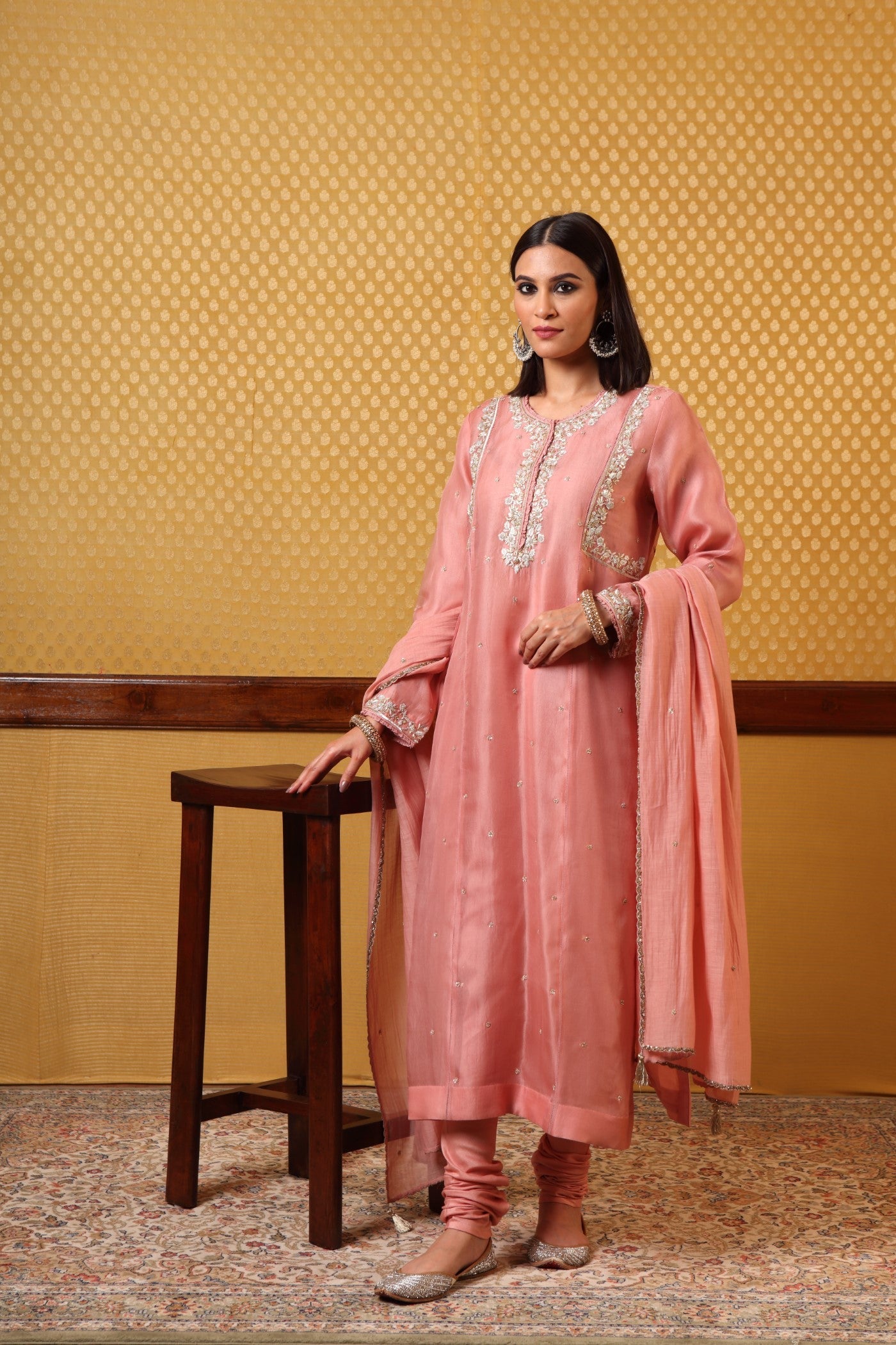 Hand Embroidered Soft Coral Pure Silkorganza Kurtachuridaar Set