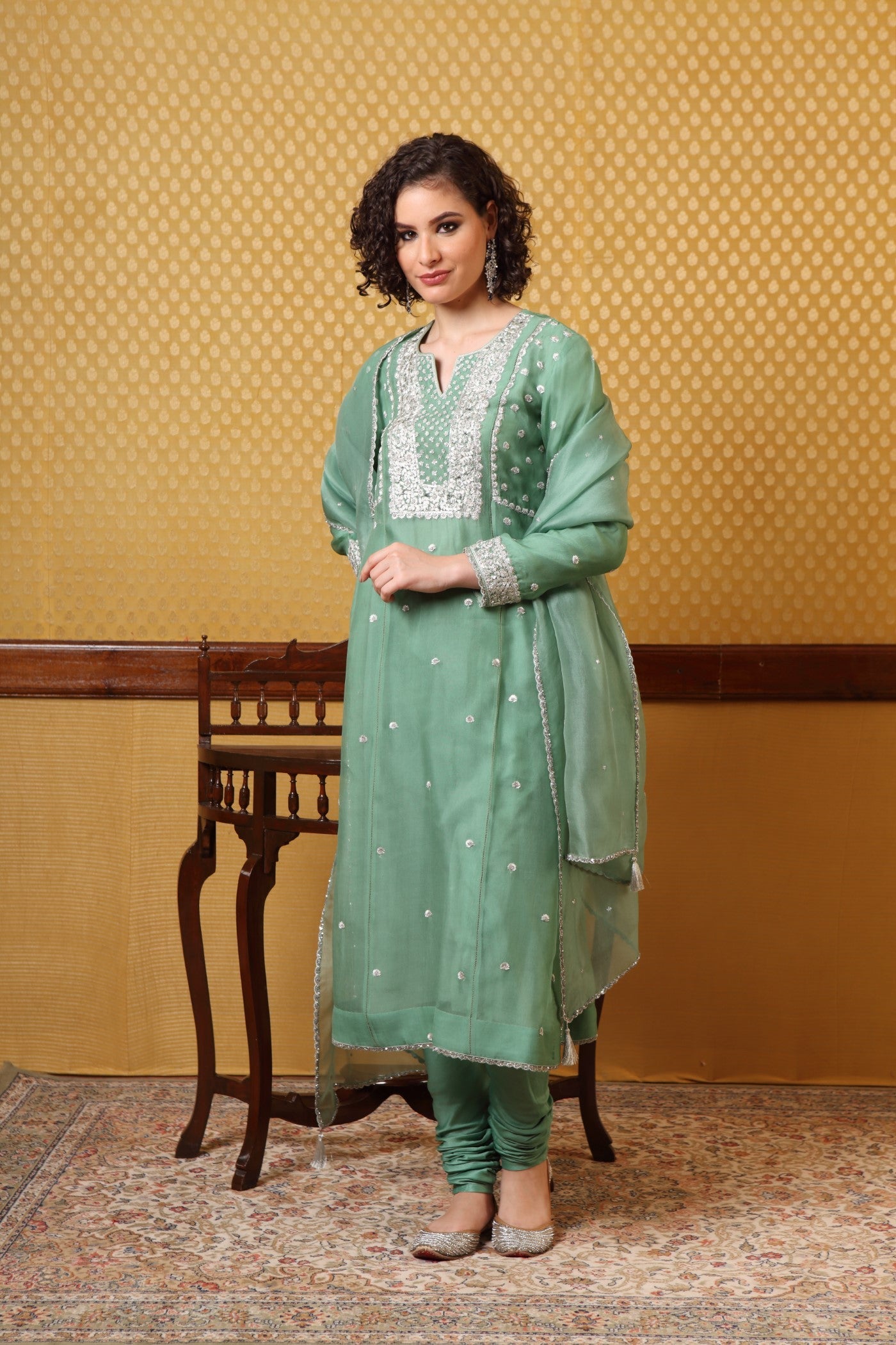 Hand Embroidered Leaf Green Pure Silkorganza Kurtachuridaar Set (A)