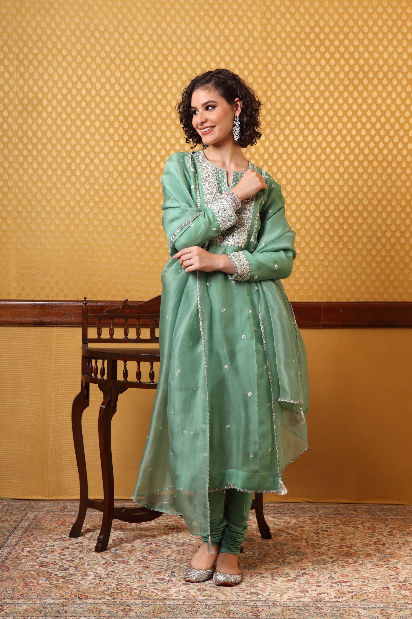Hand Embroidered Leaf Green Pure Silkorganza Kurtachuridaar Set (A)