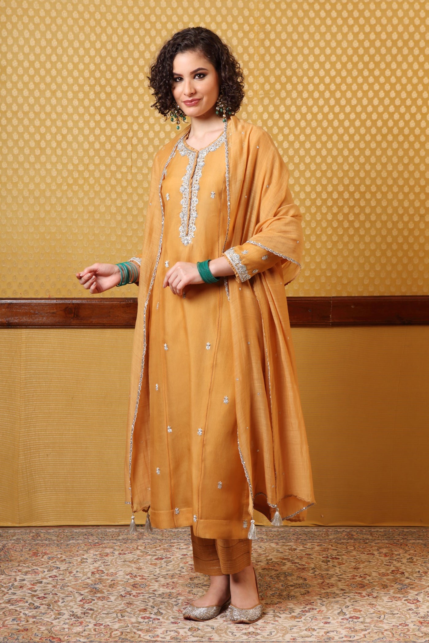 Handembroidered Dustymusturd Pure Silkorganza Kurta Pants Set