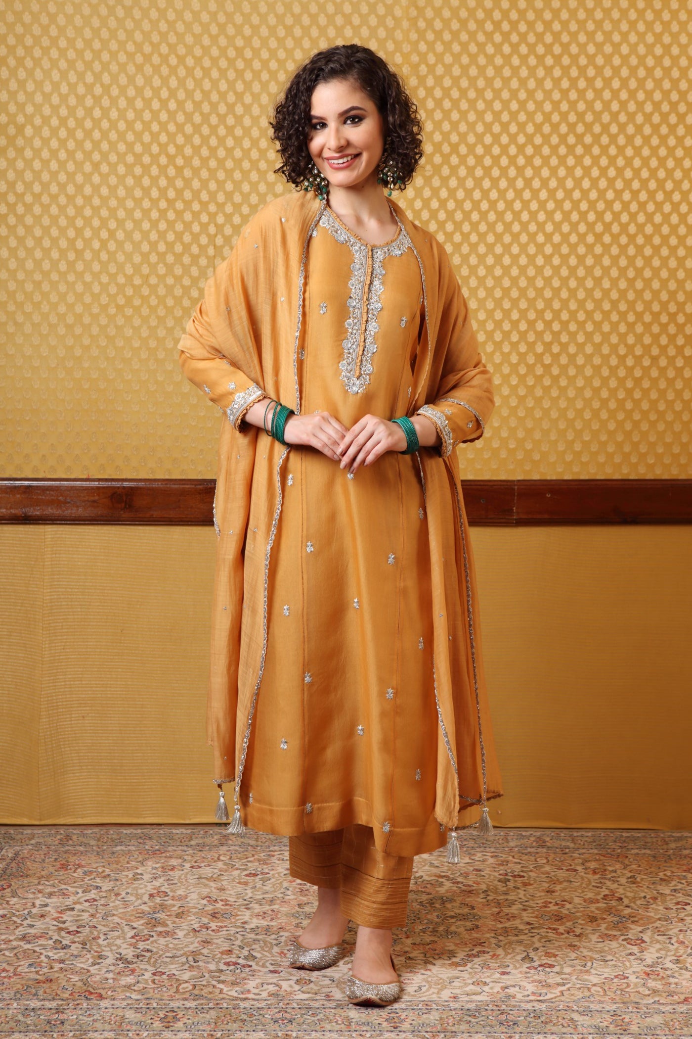 Handembroidered Dustymusturd Pure Silkorganza Kurta Pants Set