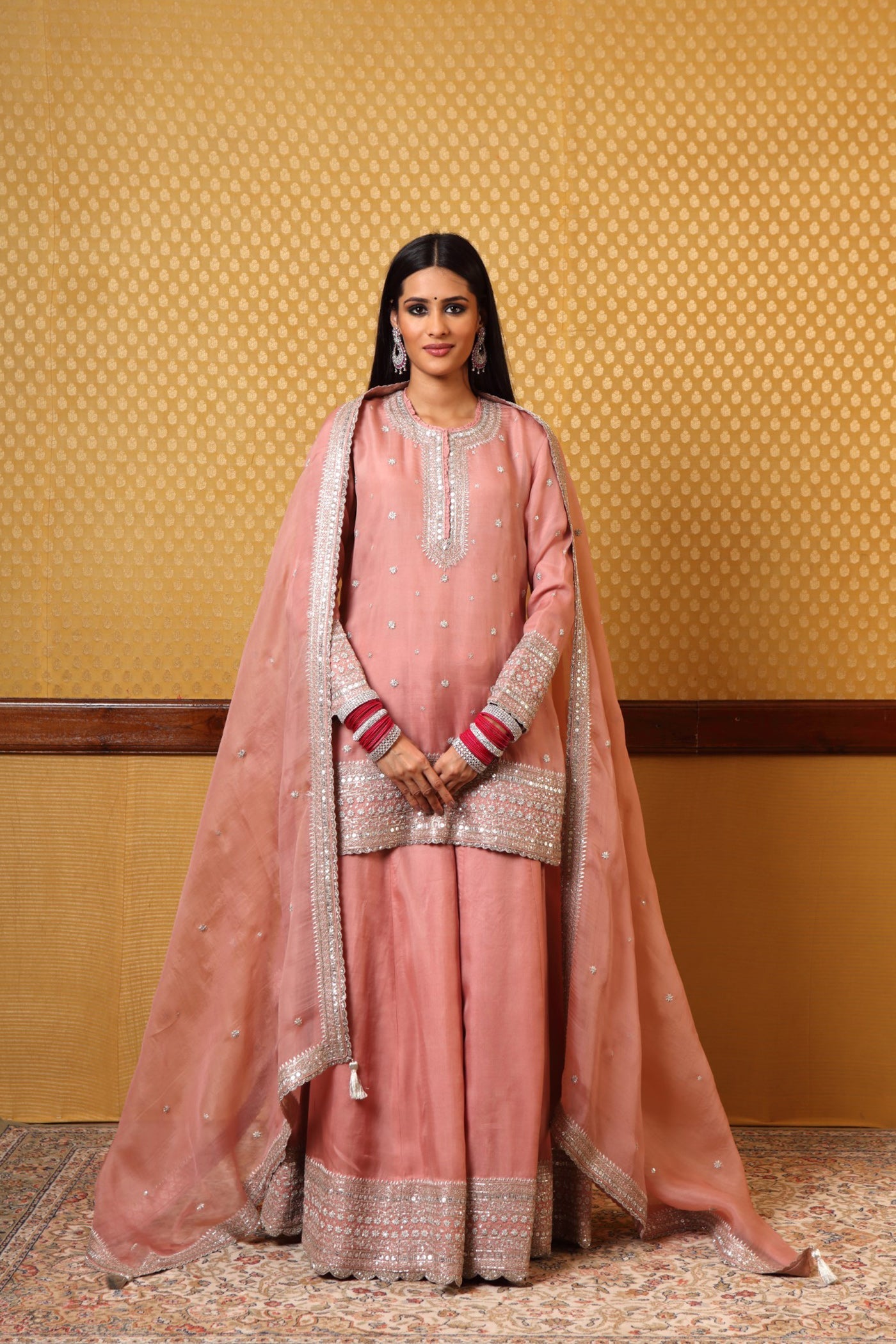 Hand Embroidered Dustypink Pure Silkorganza Kurta And Sharara Set