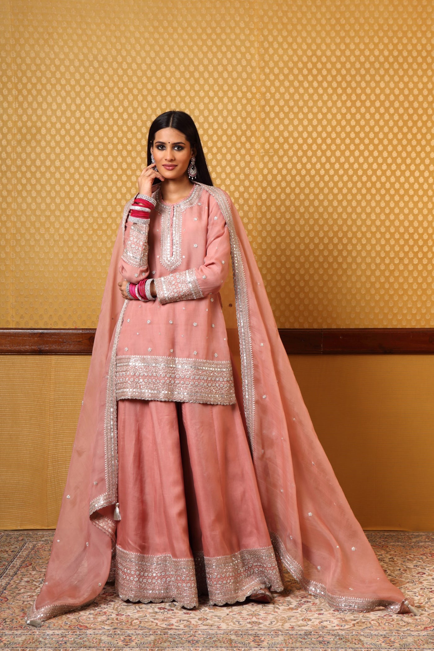 Hand Embroidered Dustypink Pure Silkorganza Kurta And Sharara Set