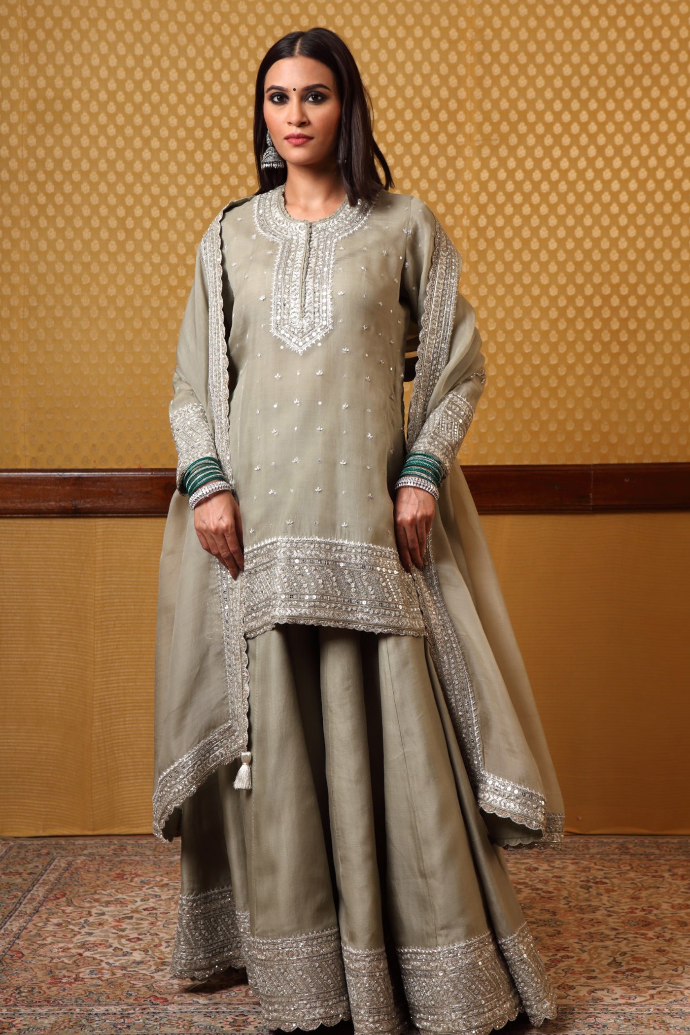 Hand embroidered Pista Green Pure Silk organza Kurta and Sharara Set