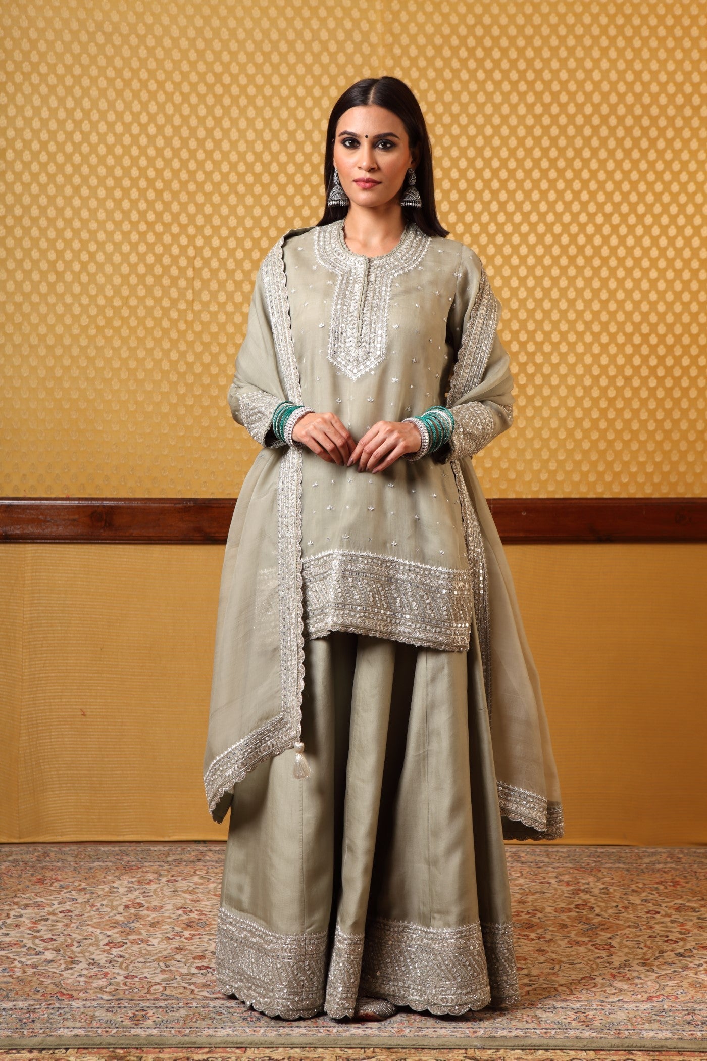 Hand embroidered Pista Green Pure Silk organza Kurta and Sharara Set