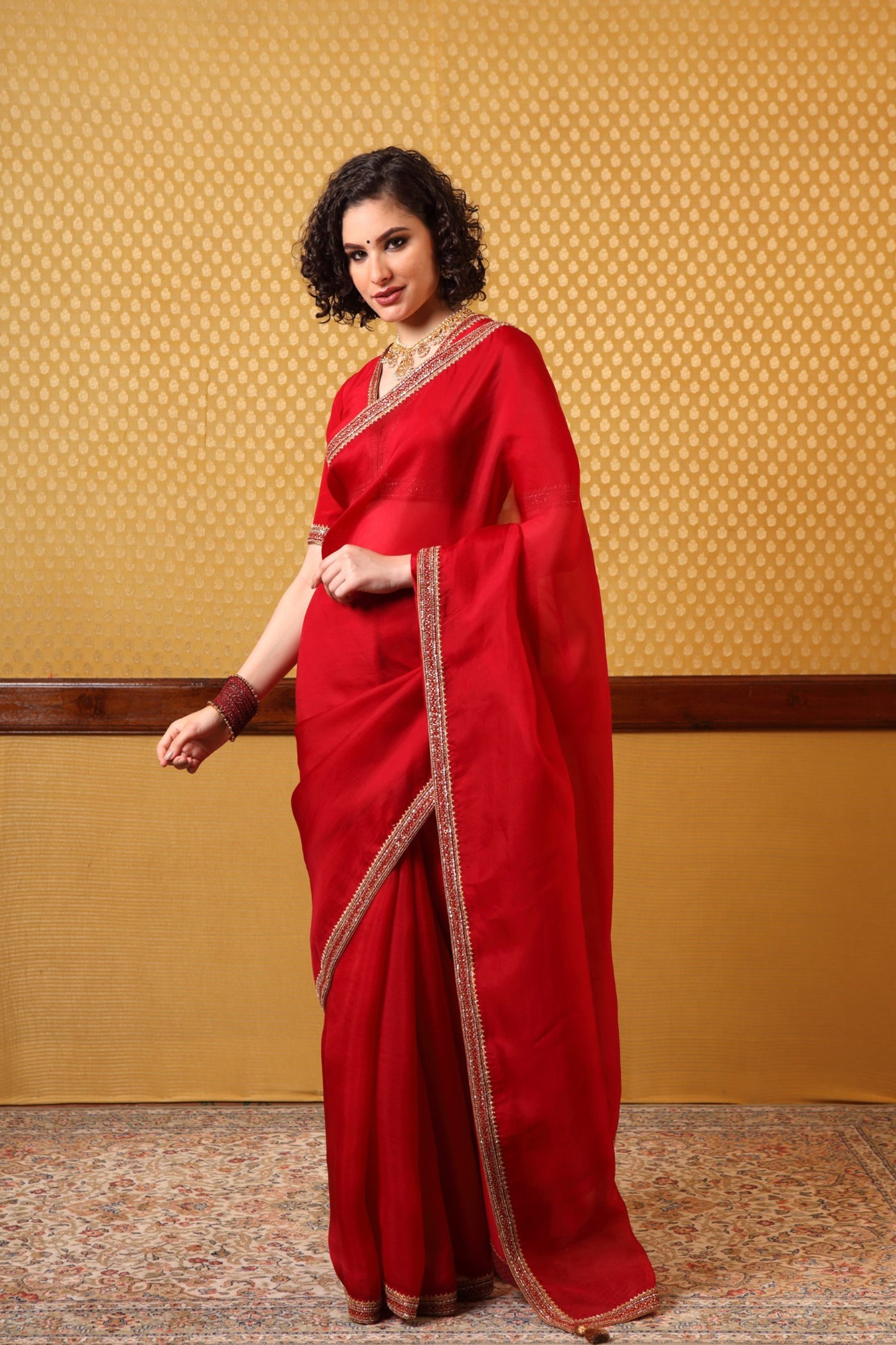 Handembroidered Cherry Maroon Pure Silkorganza Sareeblouse Set