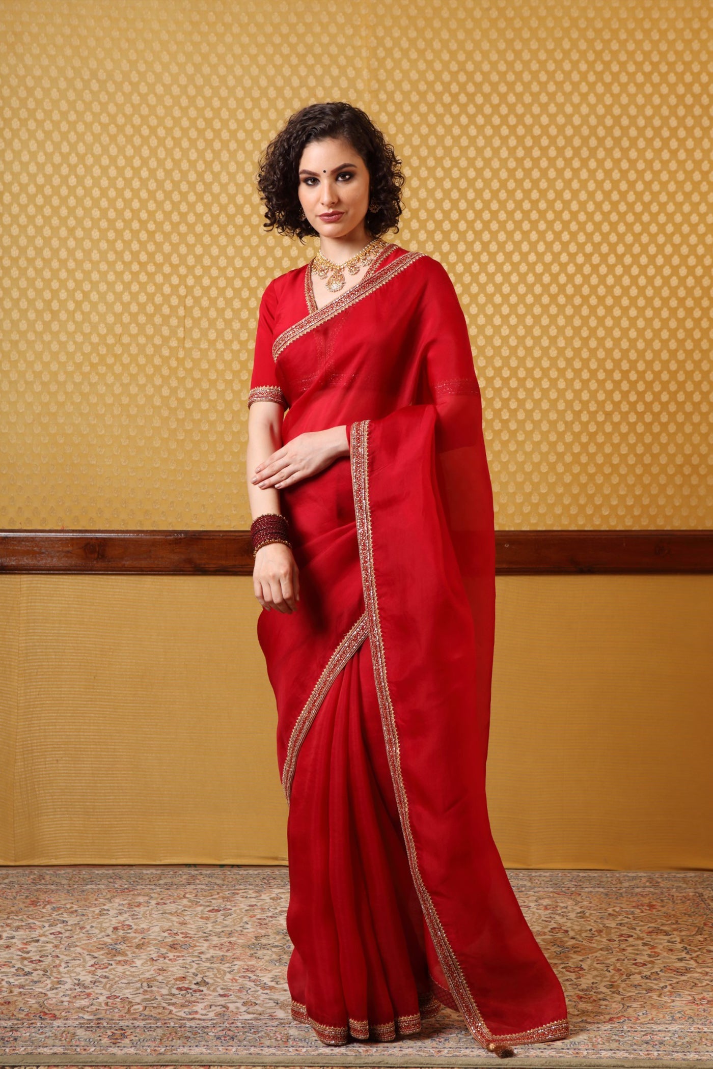 Handembroidered Cherry Maroon Pure Silkorganza Sareeblouse Set