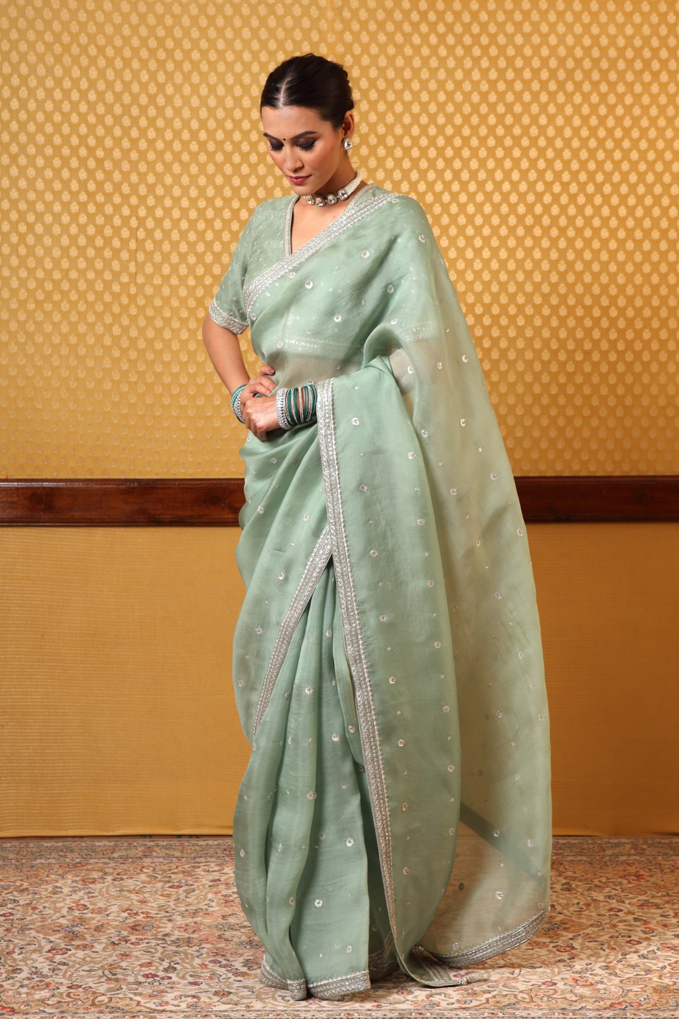 Handembroidered Fern Green Pure Silkorganza Sareeblouse Set With Chand Buta