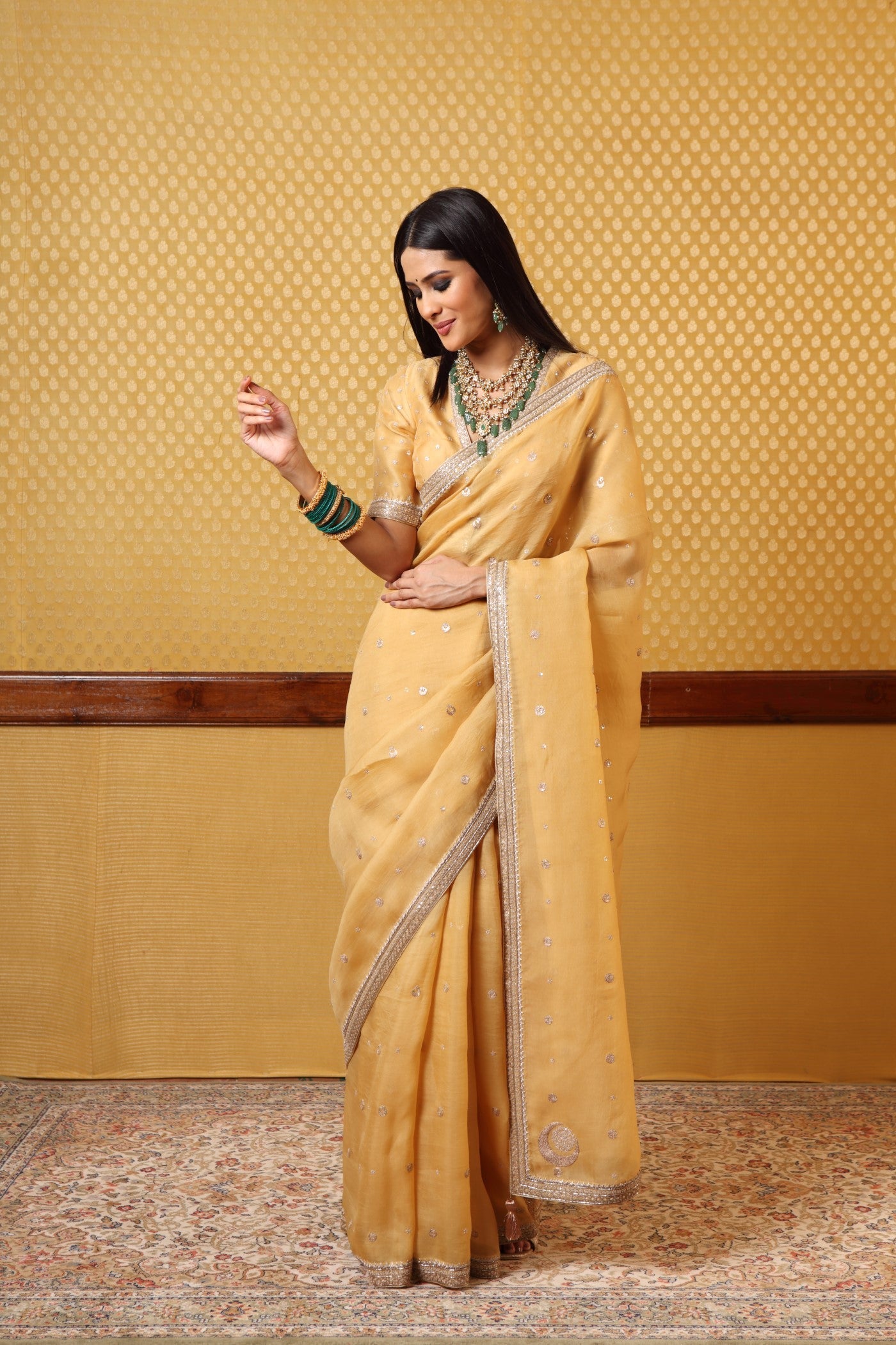 Handembroidered Dustyyellow Pure Silkorganza Saree Blouse Set With Chand Buta