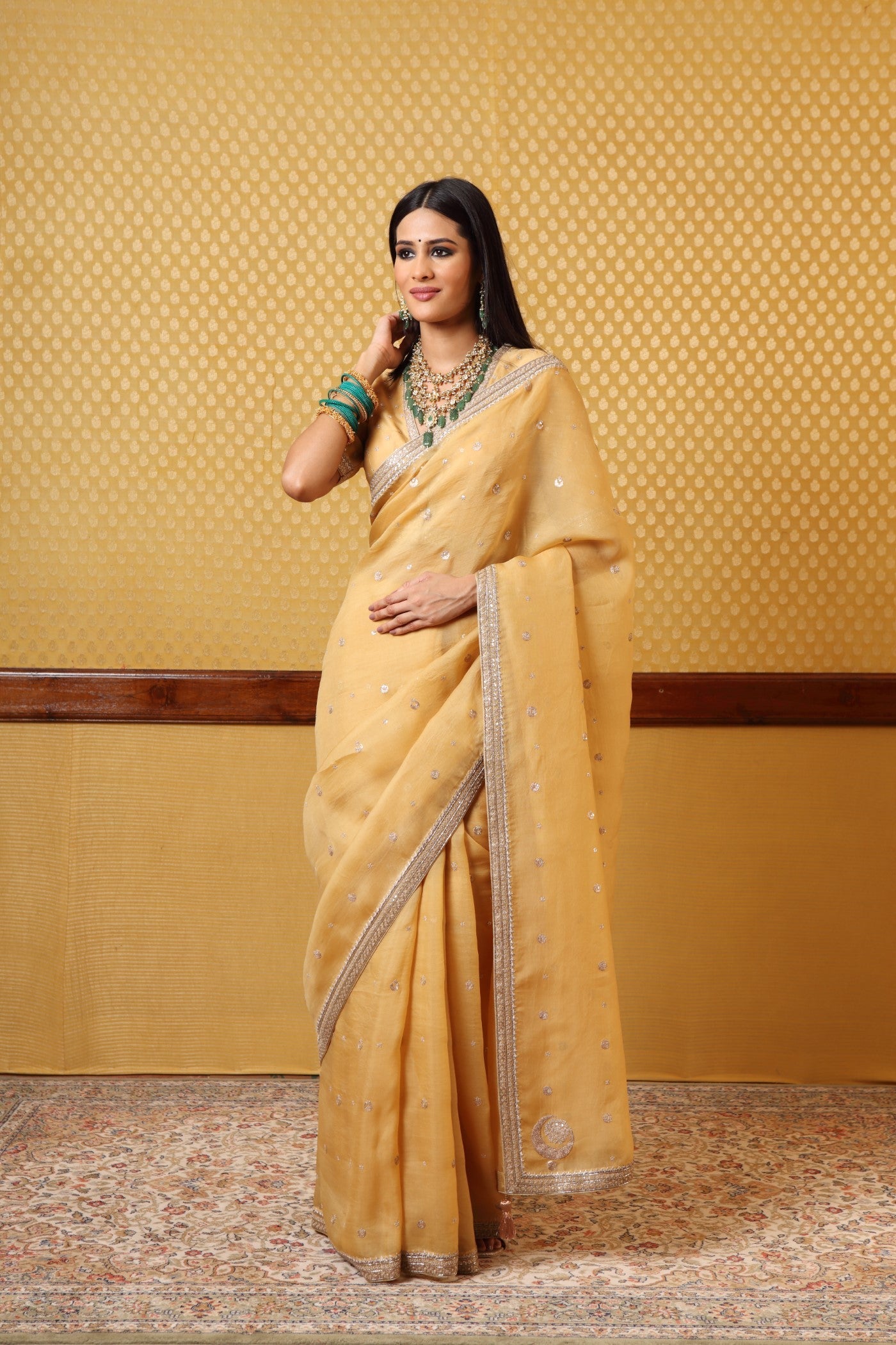 Handembroidered Dustyyellow Pure Silkorganza Saree Blouse Set With Chand Buta