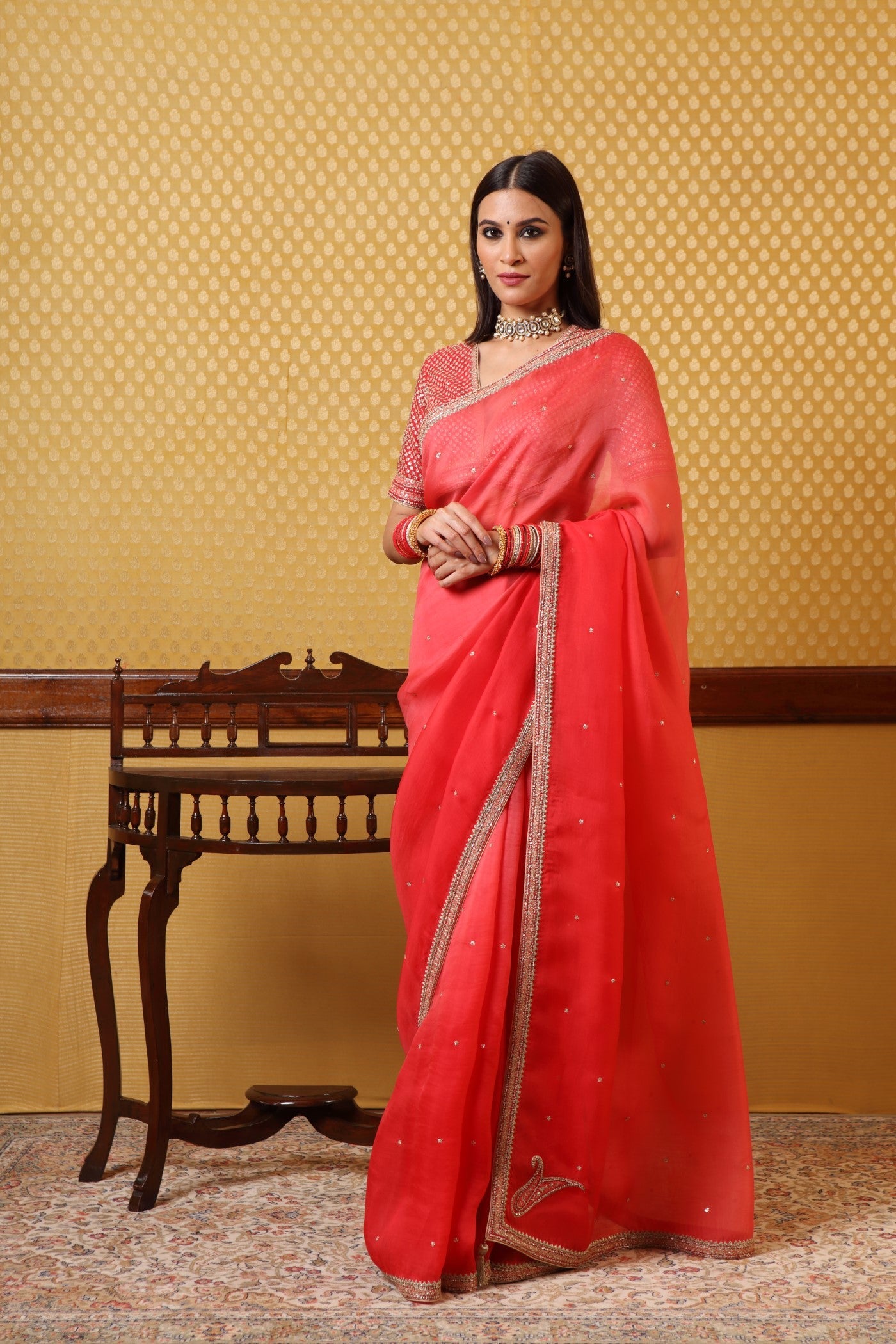 Handembroidered Ombre Cherry Tomato Pure Silkorganza Sareeblouse Set