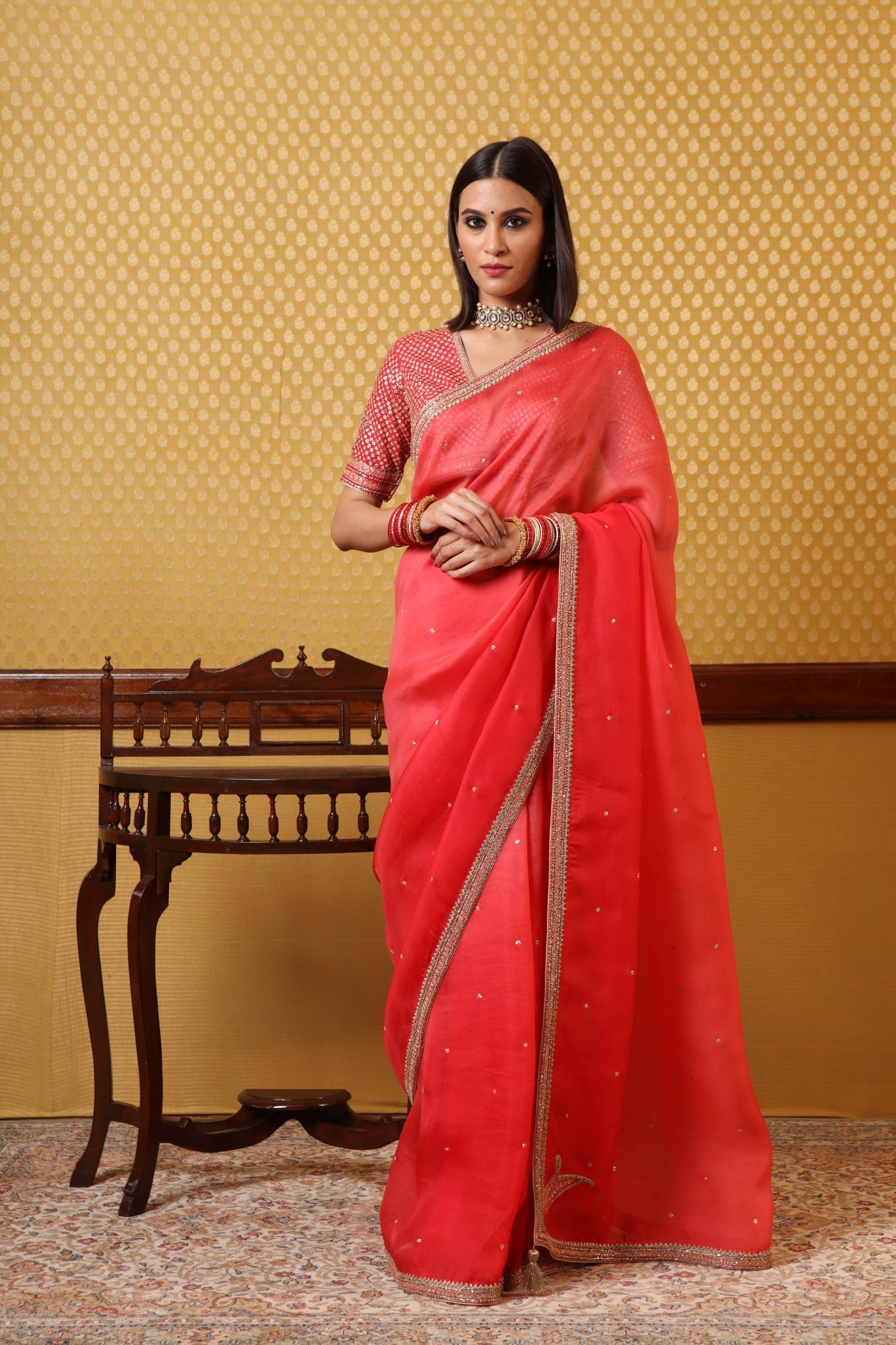 Handembroidered Ombre Cherry Tomato Pure Silkorganza Sareeblouse Set
