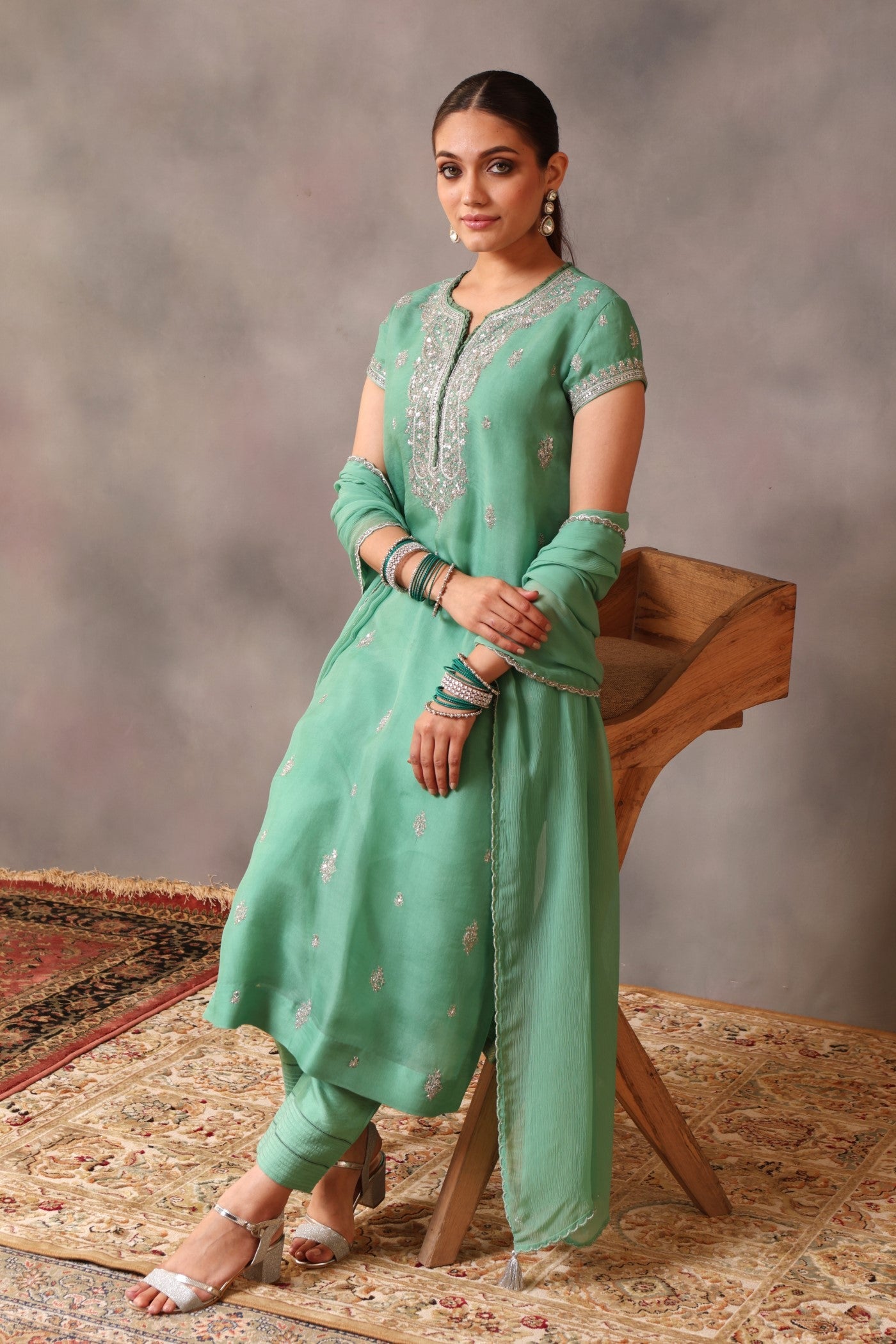 Hand Embroidered Spearmint Green Pure Silk Organza Kurta Pants Set