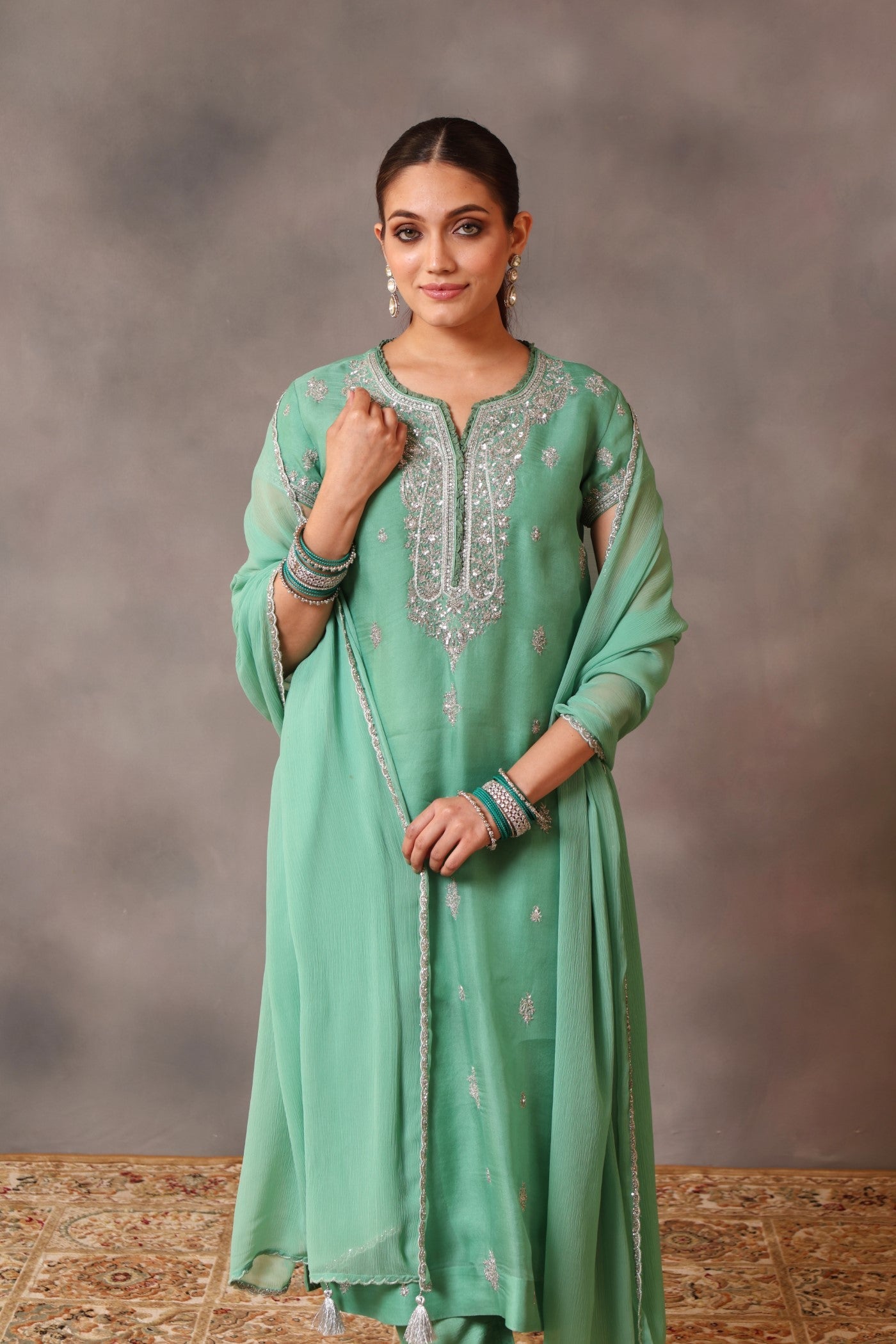 Hand Embroidered Spearmint Green Pure Silk Organza Kurta Pants Set