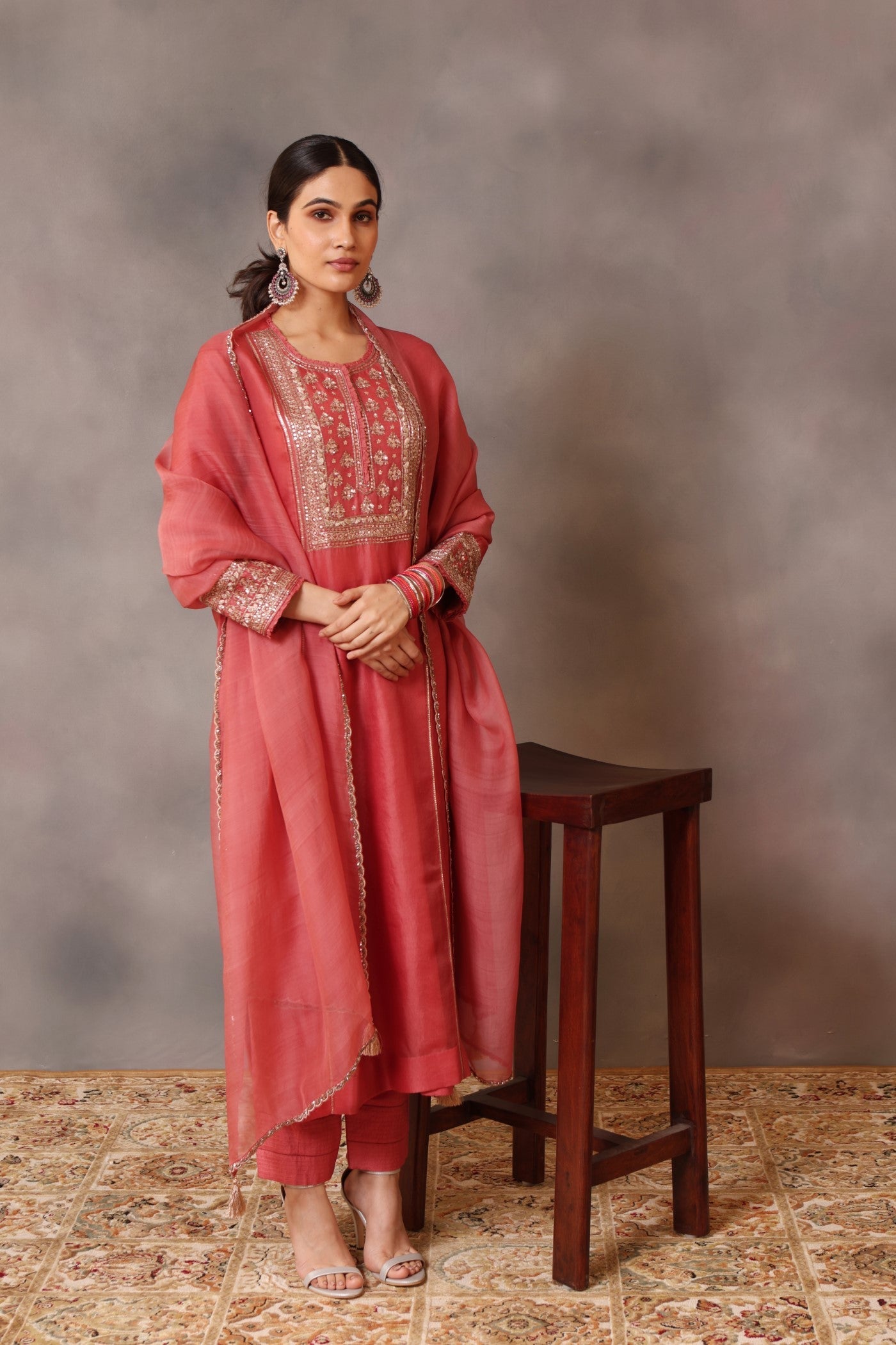 Hand Embroidered Dark Tea Rose Pure Silk Organza Kurta Pants Set
