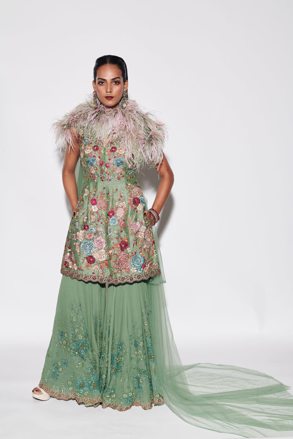 Moss Green Embroidered Sharara Set