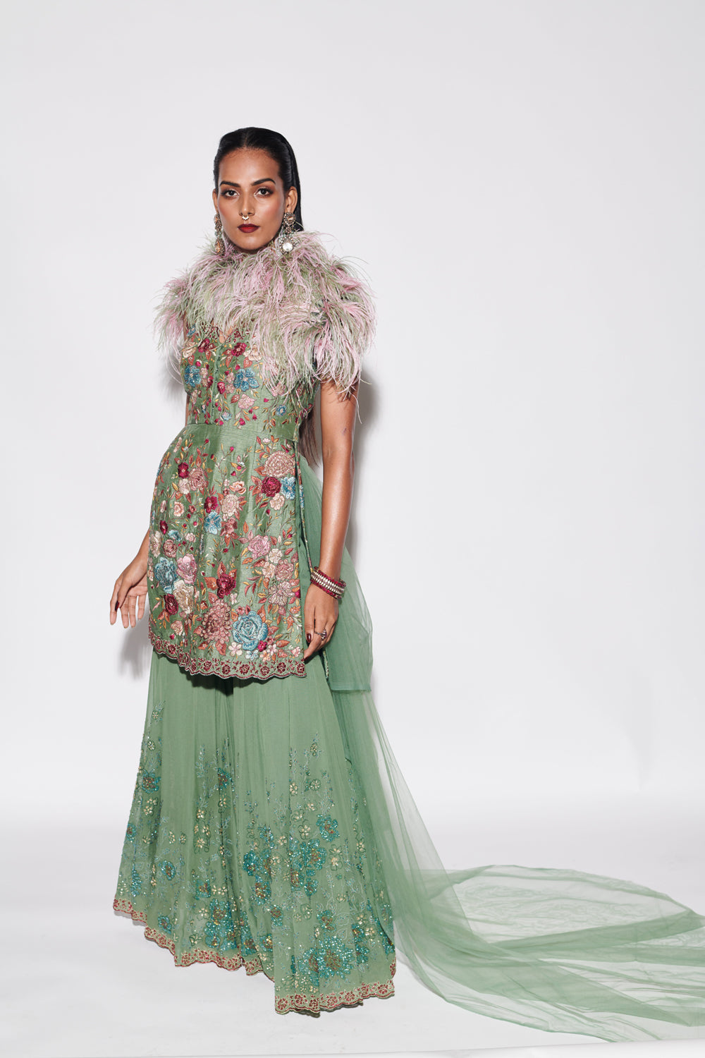 Moss Green Embroidered Sharara Set