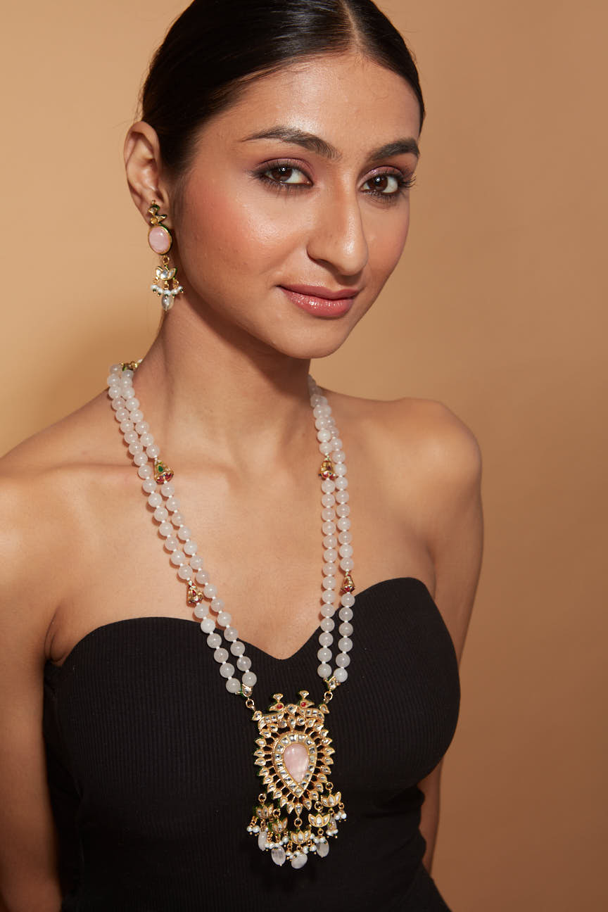 Image of Gold Plated Beads With Pendant Long Necklace & Dangle Earrings Set
