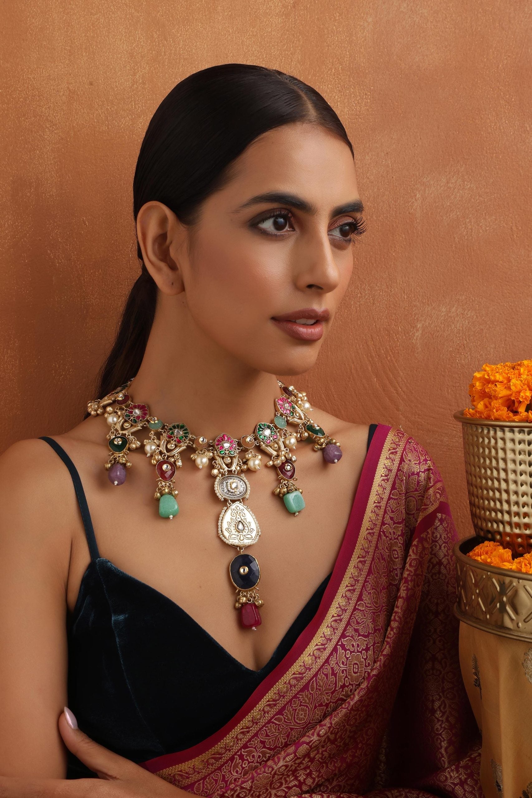 Multicolour Gold Tone Polki Hasli