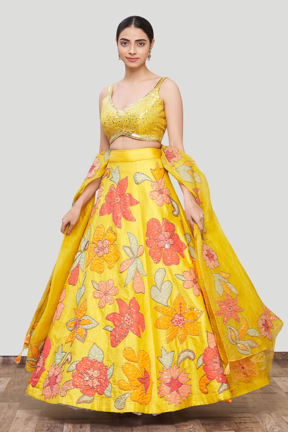 Yellow Silk Appliqué Lehenga Set