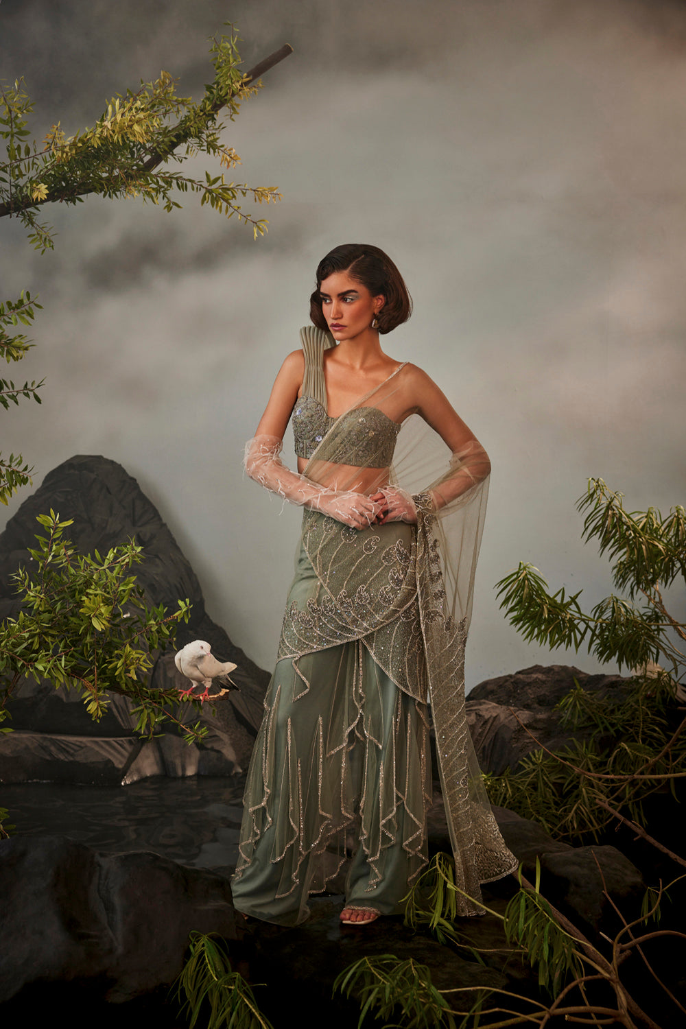 Layered Sharara Saree And Corset With Structured Shoulder - Auraya Fashion - Esha Sethi Thirani - #tag1# - #tag2# - #tag3# - #tag3#