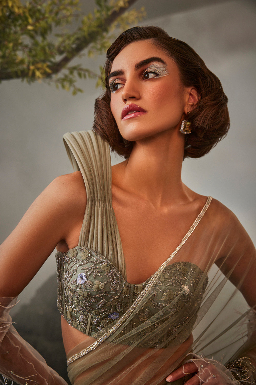 Layered Sharara Saree And Corset With Structured Shoulder - Auraya Fashion -  - #tag1# - #tag2# - #tag3# - #tag3#