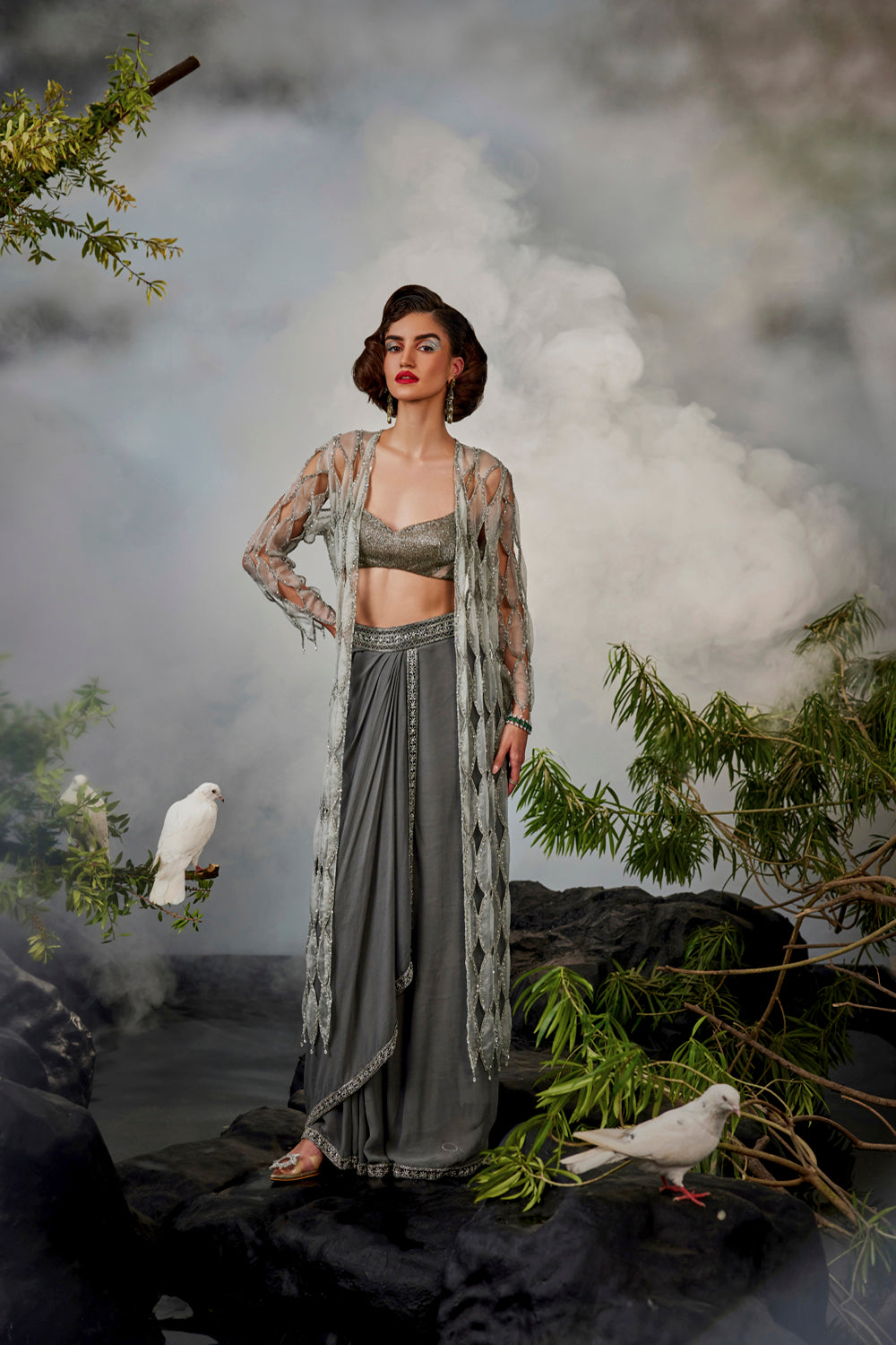 Organza Cutwork Jacket With Beaded Blouse And Draped Skirt - Auraya Fashion - Esha Sethi Thirani - #tag1# - #tag2# - #tag3# - #tag3#