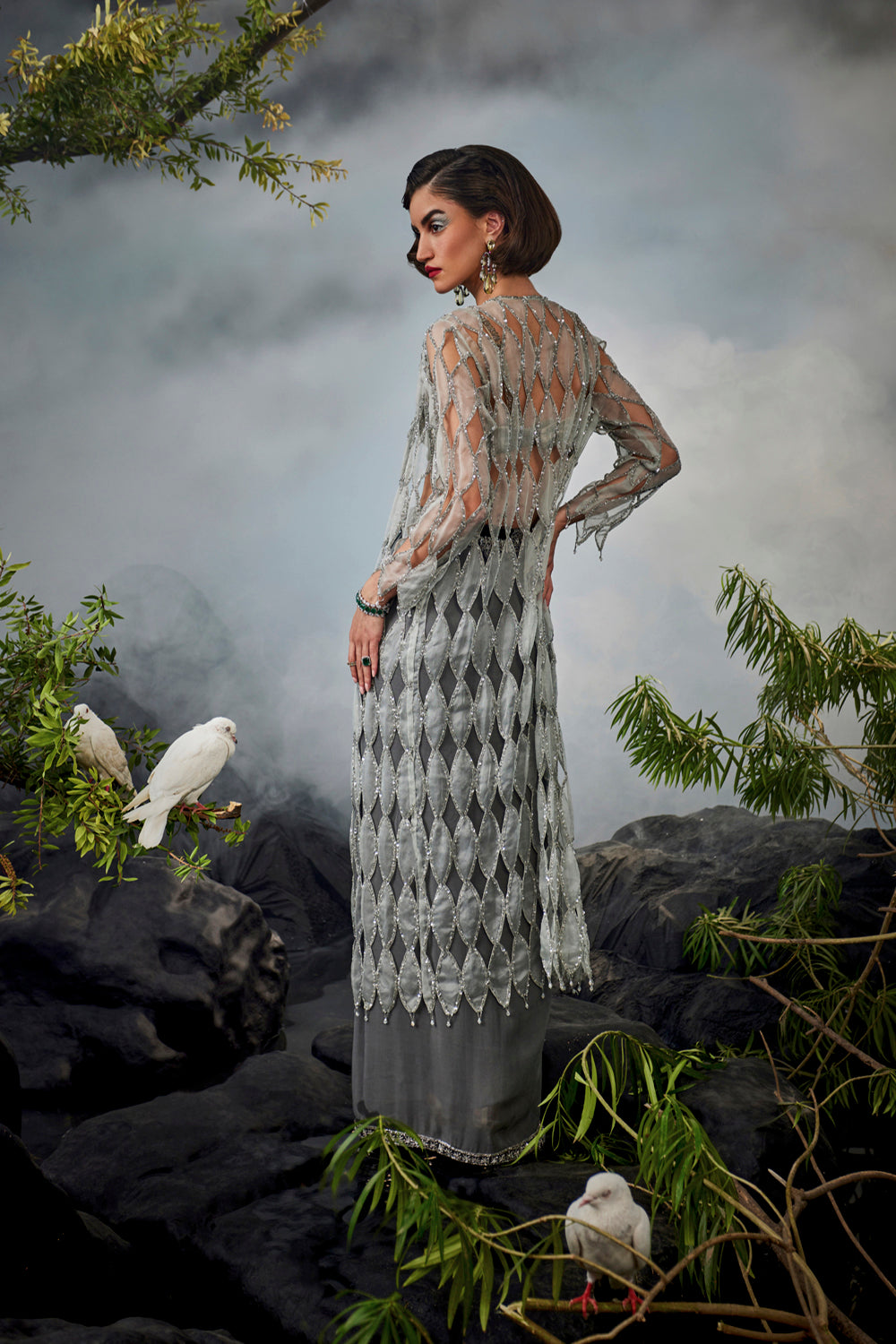 Organza Cutwork Jacket With Beaded Blouse And Draped Skirt - Auraya Fashion -  - #tag1# - #tag2# - #tag3# - #tag3#