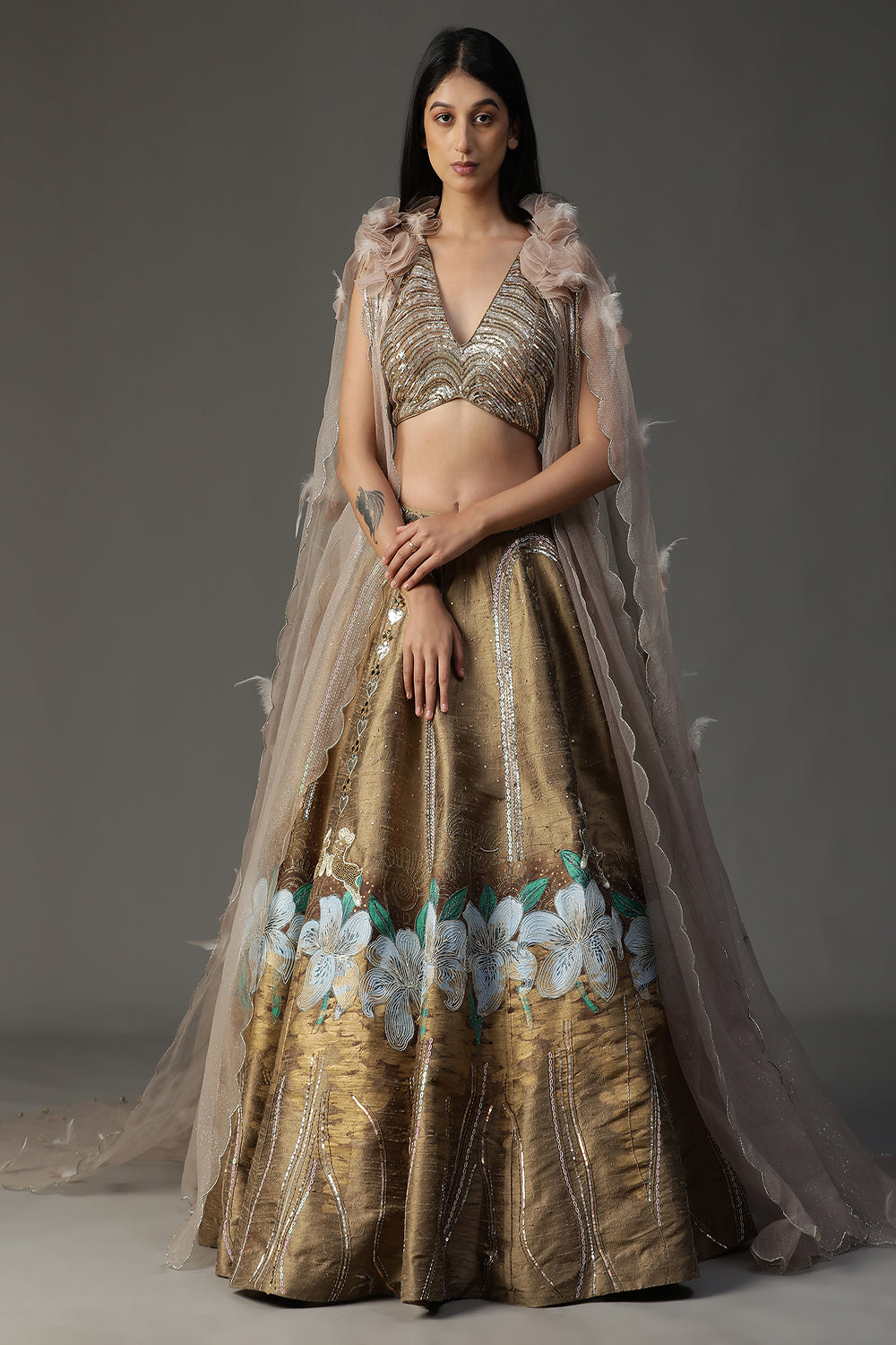 Gold Handpainted Lehenga Set - Auraya Fashion - Arpita Sulakshana - #tag1# - #tag2# - #tag3# - #tag3#