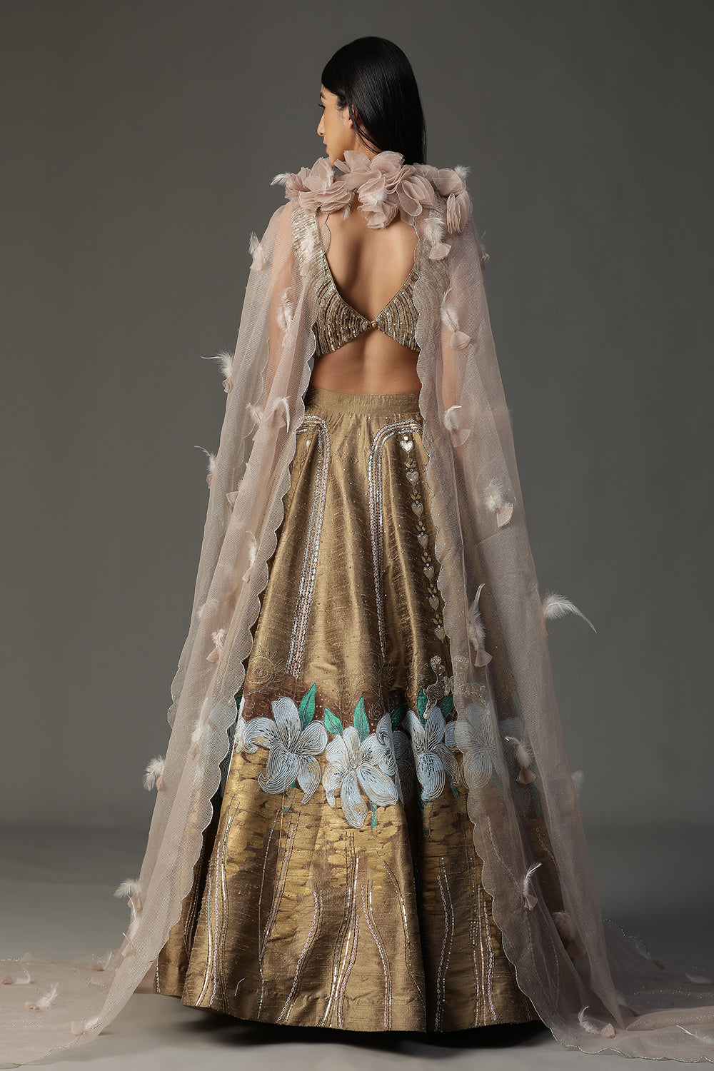 Gold Handpainted Lehenga Set - Auraya Fashion -  - #tag1# - #tag2# - #tag3# - #tag3#