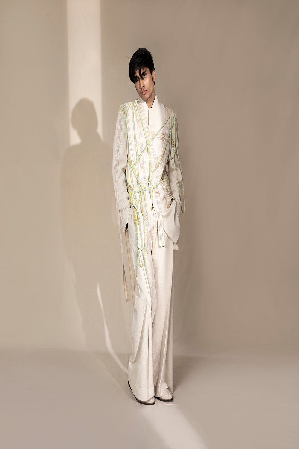 Zero Point Collar Full Sleeves Bandhgala With Wide Hem Deep Pleated Trouser