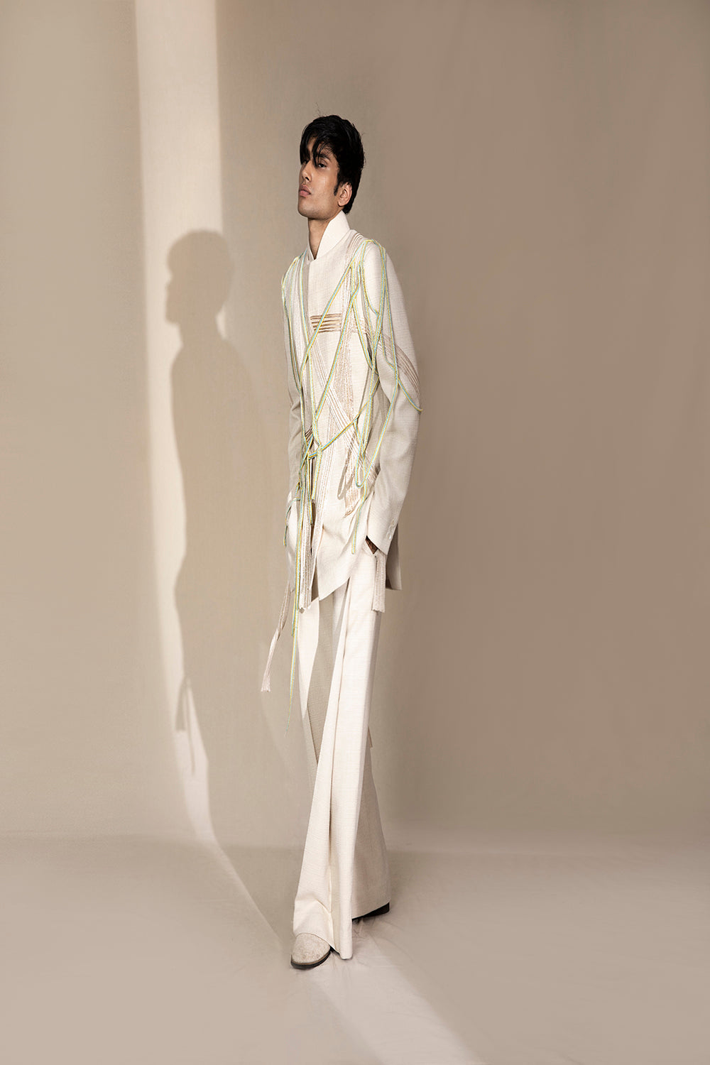 Zero Point Collar Full Sleeves Bandhgala With Wide Hem Deep Pleated Trouser