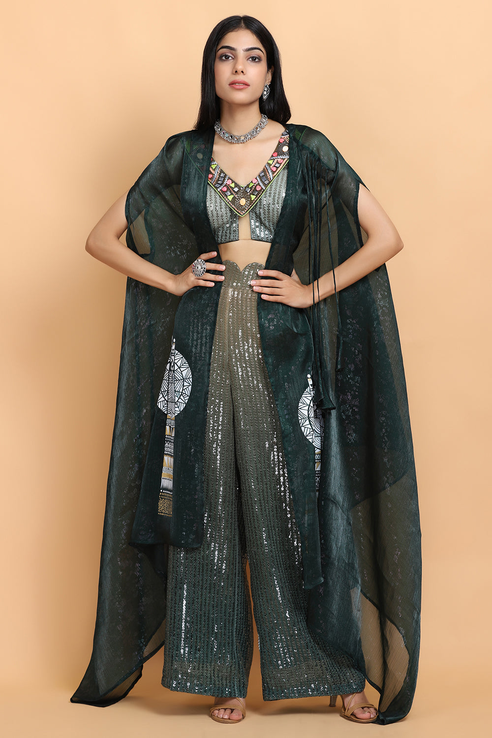 Emerald Green Cheap Thrills Cape Set - Auraya Fashion -  - #tag1# - #tag2# - #tag3# - #tag3#