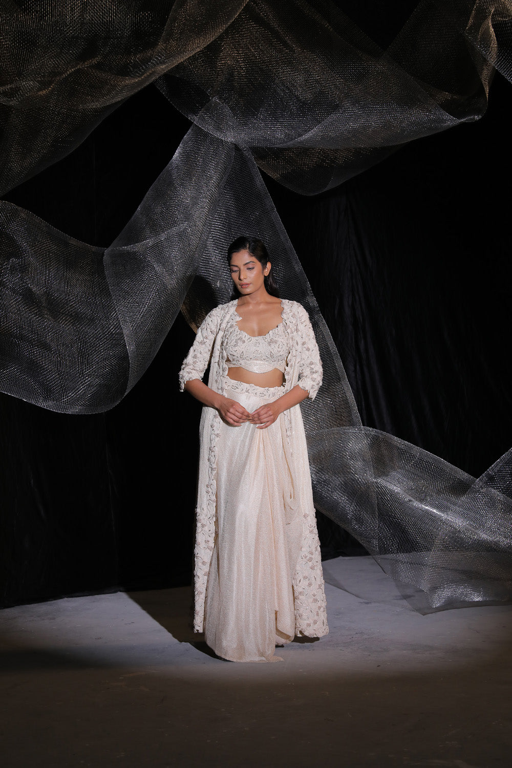 Skin Blush Embroidered Heavy Indo Western Dress with Jacket 6XL / Ivory Skin Blush Embroidered Heavy Indo Western Dress with Jacket 6XL / Ivory