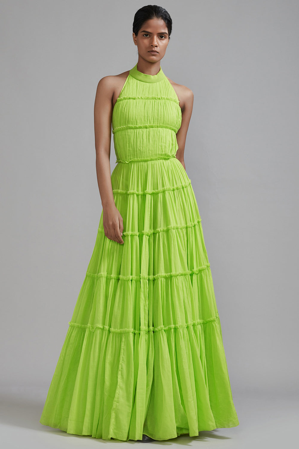 Neon Green Mul Tiered Gown - Auraya Fashion - Mati - #tag1# - #tag2# - #tag3# - #tag3#