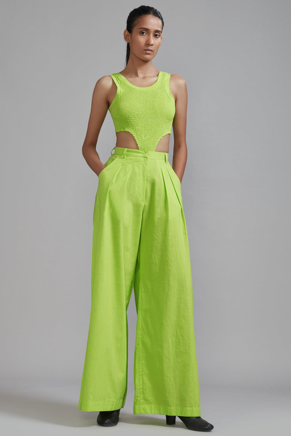 Neon Green Cotton Pleated Trousers - Auraya Fashion - Mati - #tag1# - #tag2# - #tag3# - #tag3#