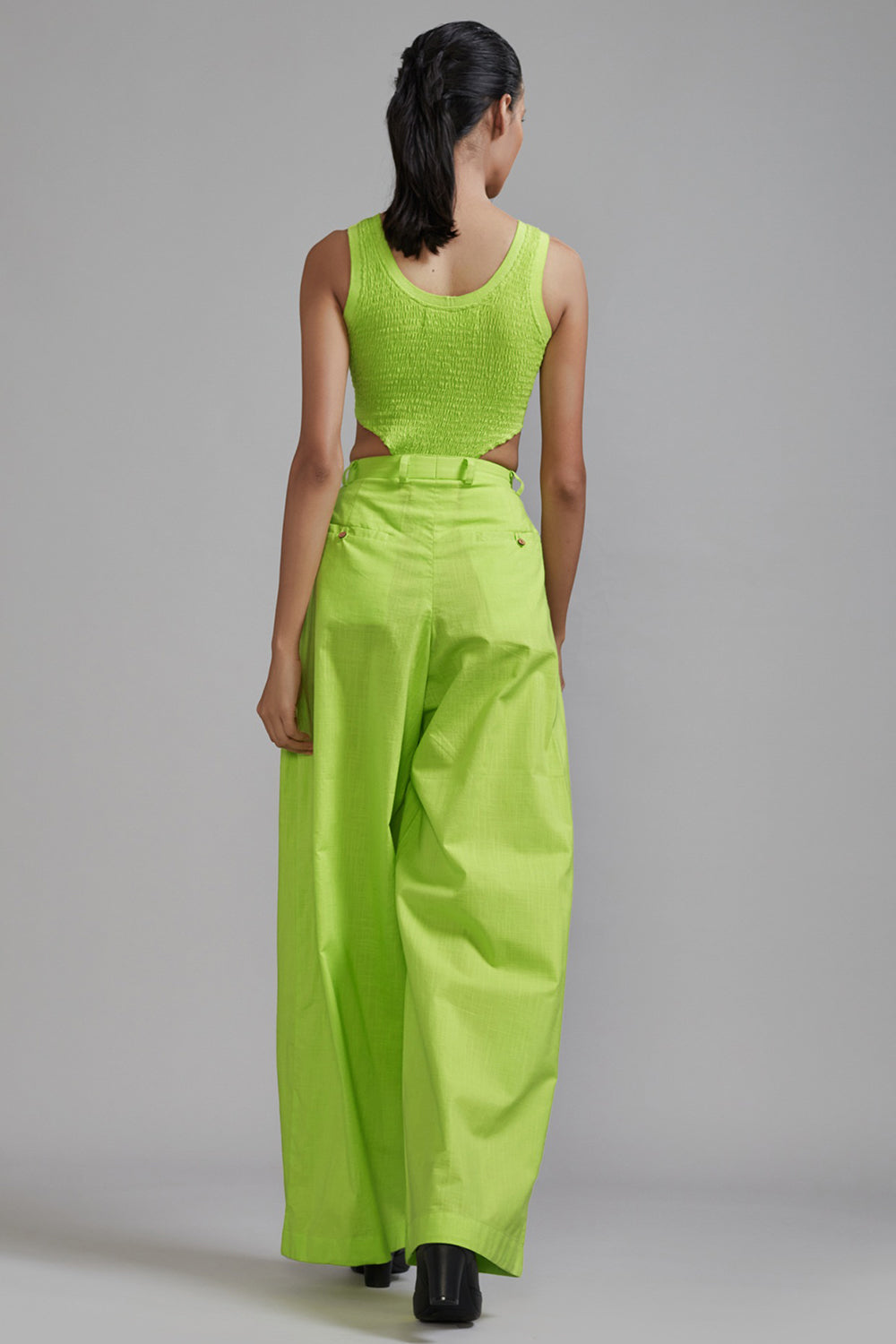 Neon Green Cotton Pleated Trousers - Auraya Fashion -  - #tag1# - #tag2# - #tag3# - #tag3#