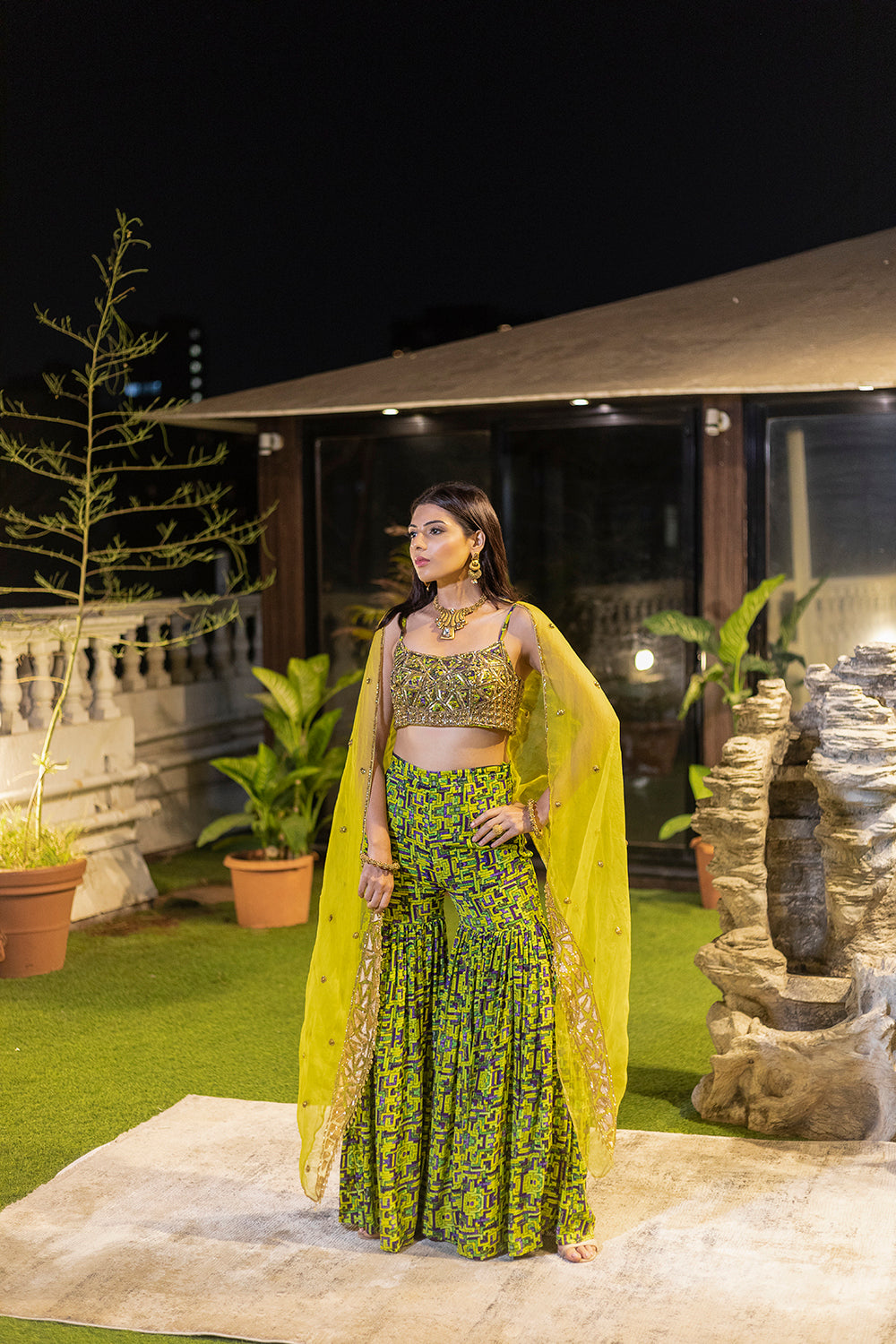 Green Choli, Shararas With Organza Cape - Auraya Fashion - Mehak Murpana - #tag1# - #tag2# - #tag3# - #tag3#