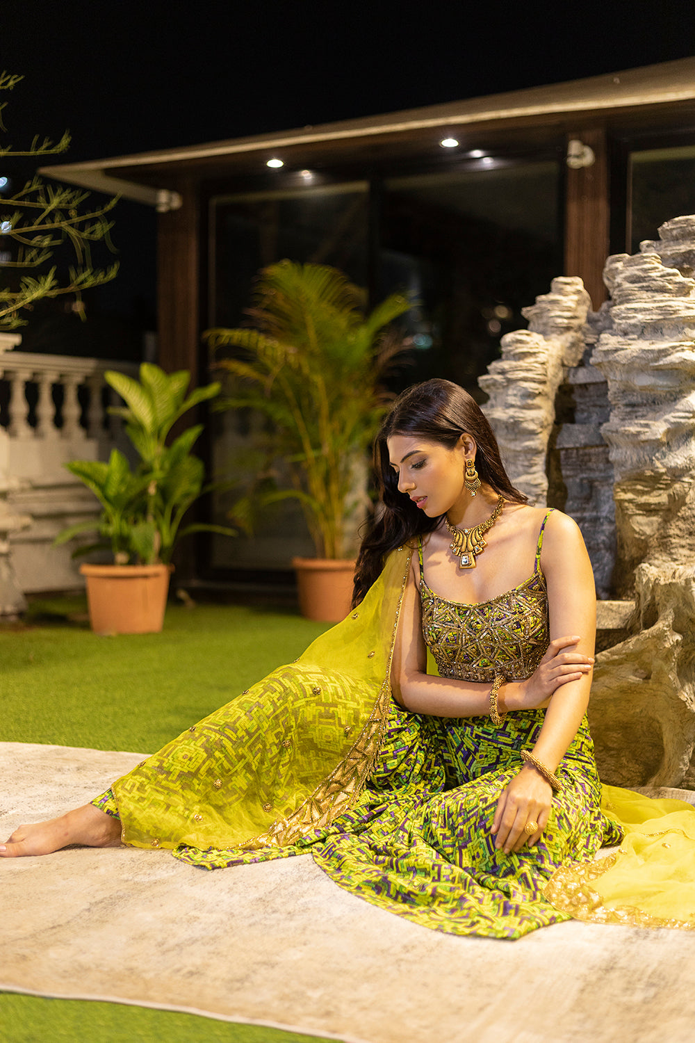 Green Choli, Shararas With Organza Cape - Auraya Fashion -  - #tag1# - #tag2# - #tag3# - #tag3#