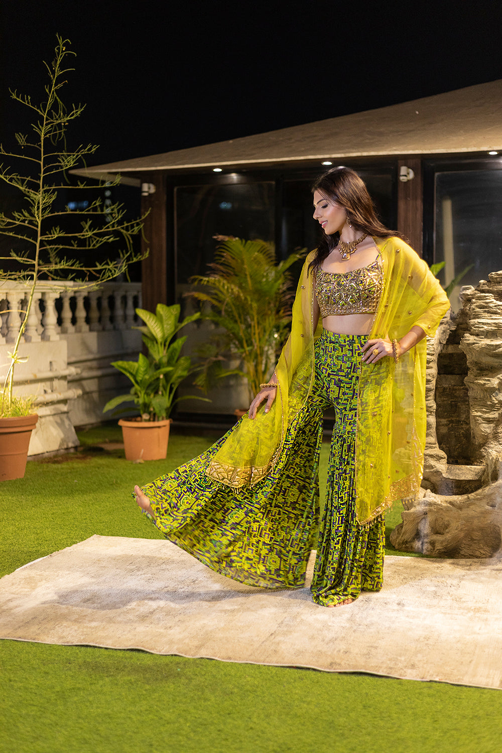 Green Choli, Shararas With Organza Cape - Auraya Fashion -  - #tag1# - #tag2# - #tag3# - #tag3#