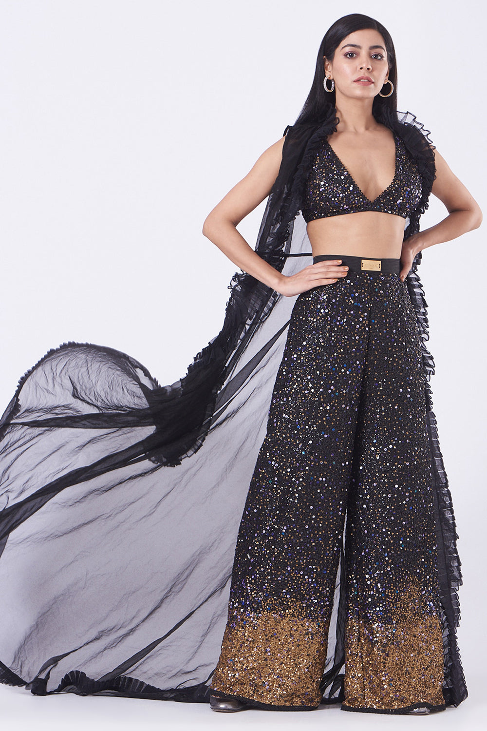 Ruffled Dark Grey Cape Set In Satin - Auraya Fashion - Nitya Bajaj - #tag1# - #tag2# - #tag3# - #tag3#