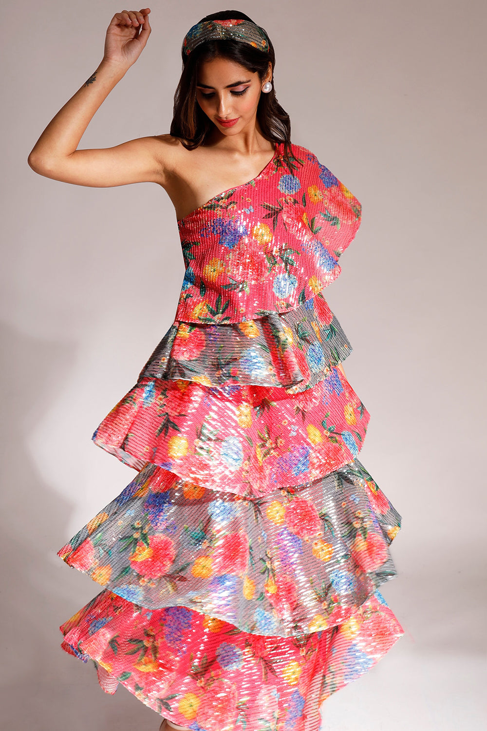 Embroidered Coral Grey One-Shoulder Dress In Satin