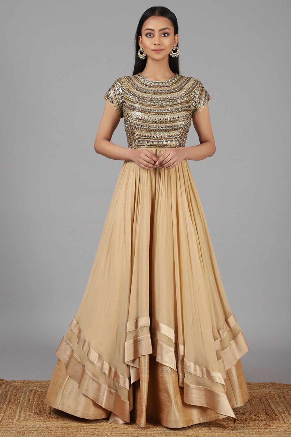 Hand Embroidered Beige Gown - Auraya Fashion - Nidhika Shekhar - #tag1# - #tag2# - #tag3# - #tag3#