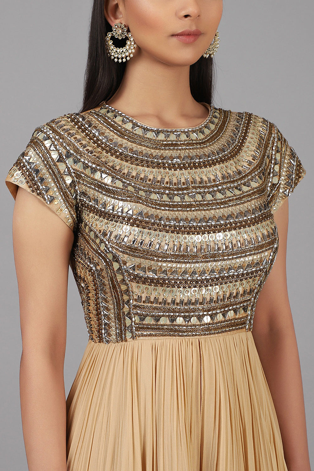 Hand Embroidered Beige Gown - Auraya Fashion -  - #tag1# - #tag2# - #tag3# - #tag3#