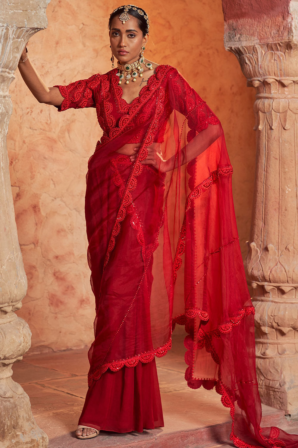 Organza & Crepe Red Embroidered Draped Saree Set - Auraya Fashion - Nidhika Shekhar - #tag1# - #tag2# - #tag3# - #tag3#