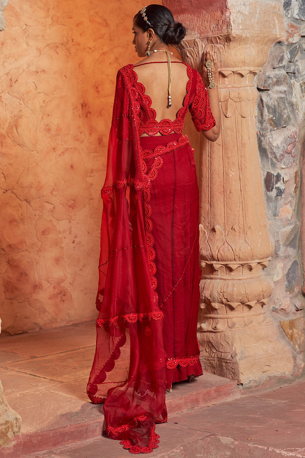 Organza & Crepe Red Embroidered Draped Saree Set - Auraya Fashion -  - #tag1# - #tag2# - #tag3# - #tag3#